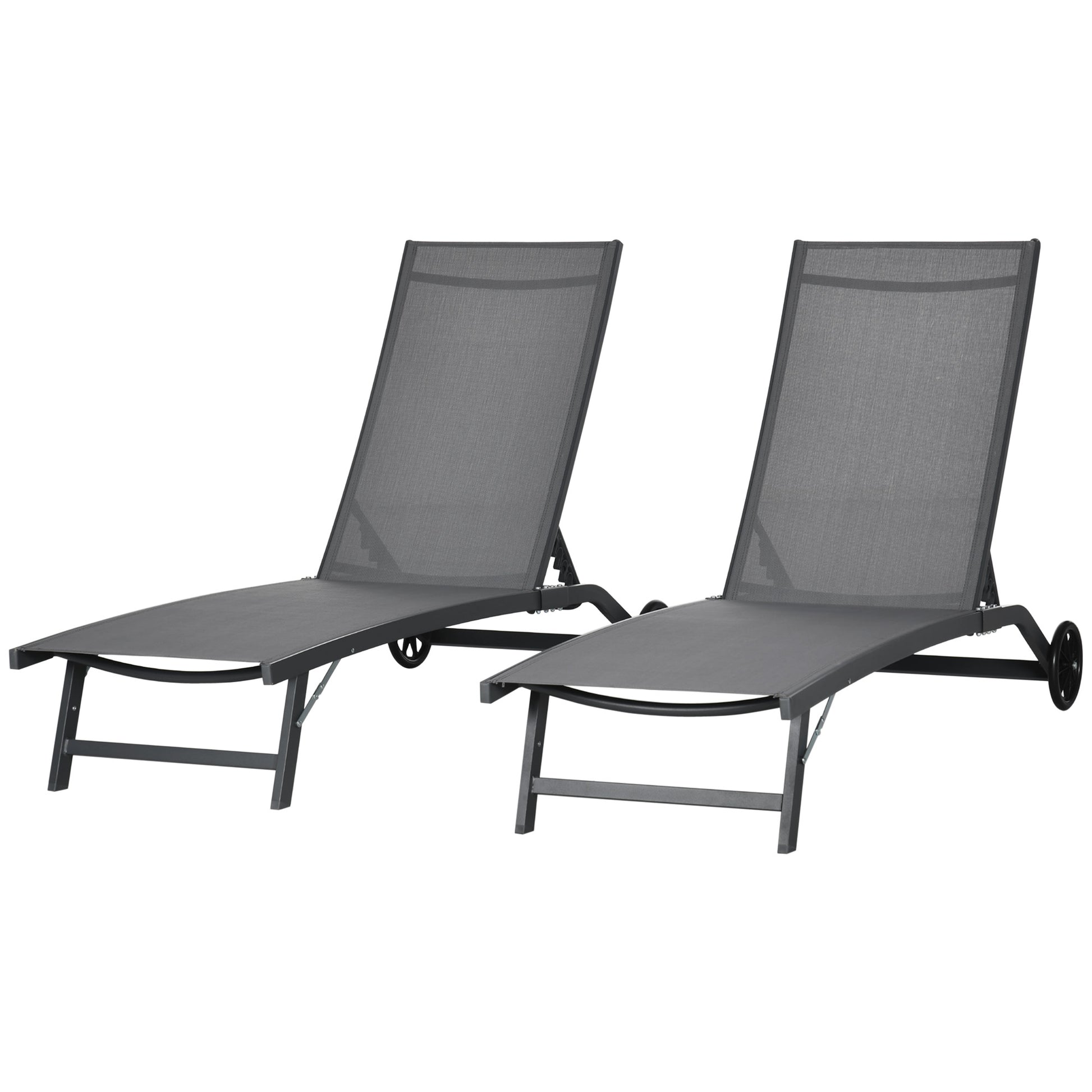 Outdoor Lounge Chair Set, 2-Piece, Breathable Mesh, Dark Grey, Recline, Wheels-DECOROLALA