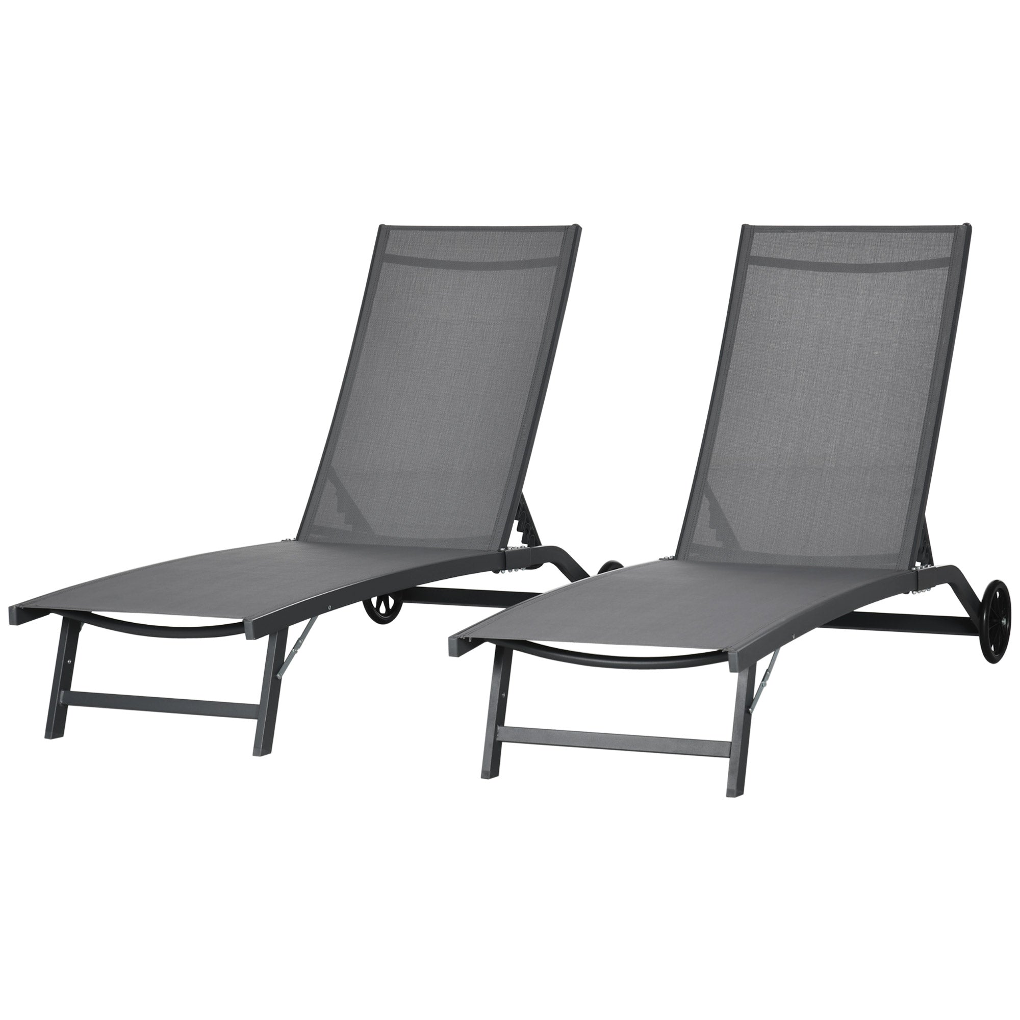 Outdoor Lounge Chair Set, 2-Piece, Breathable Mesh, Dark Grey, Recline, Wheels-DECOROLALA