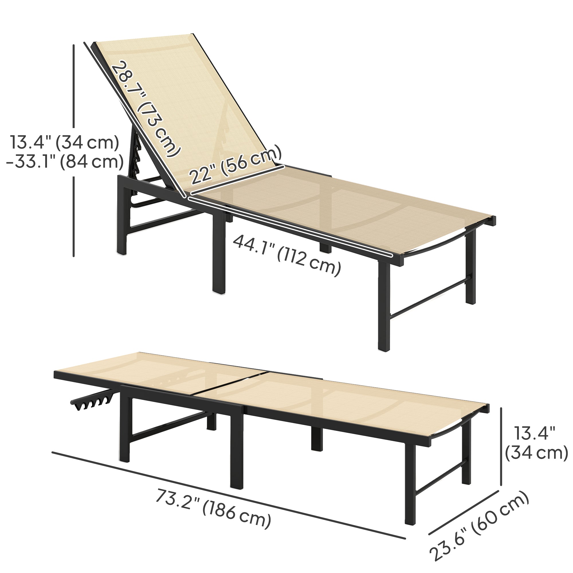 Outdoor Lounge Chair Set, 2-Piece Reclining Chaise Tanning Chairs, Mesh Seat, Khaki-DECOROLALA