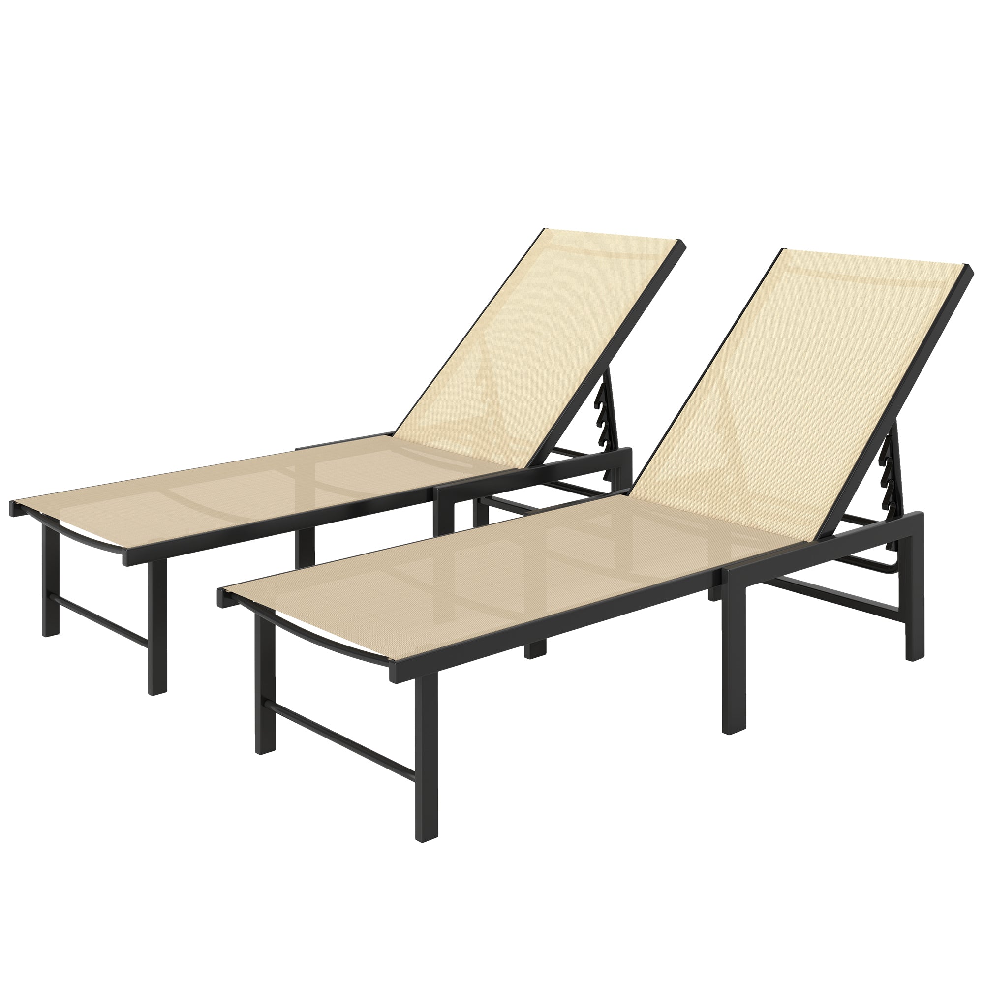 Outdoor Lounge Chair Set, 2-Piece Reclining Chaise Tanning Chairs, Mesh Seat, Khaki-DECOROLALA