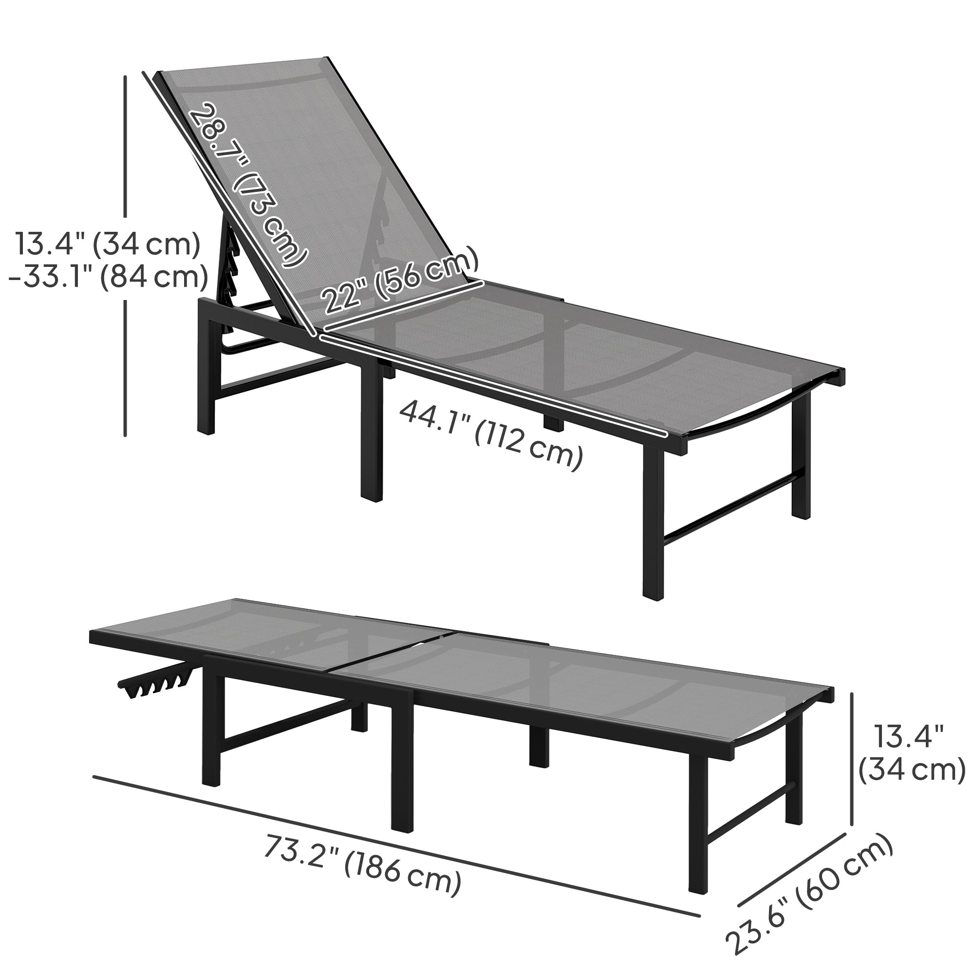 Outdoor Lounge Chair Set of 2, Grey Reclining Chaise Tanning Chairs with Mesh Seats-DECOROLALA