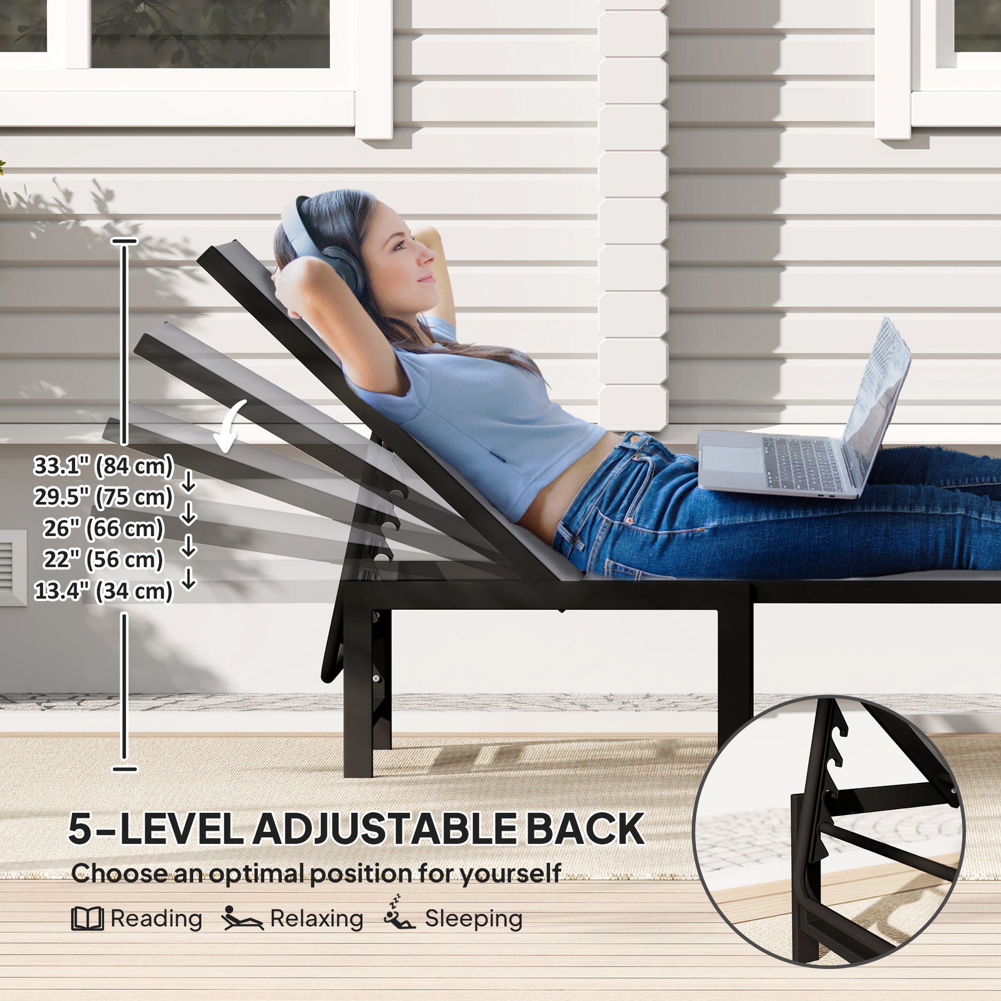 Outdoor Lounge Chair Set of 2, Grey Reclining Chaise Tanning Chairs with Mesh Seats-DECOROLALA