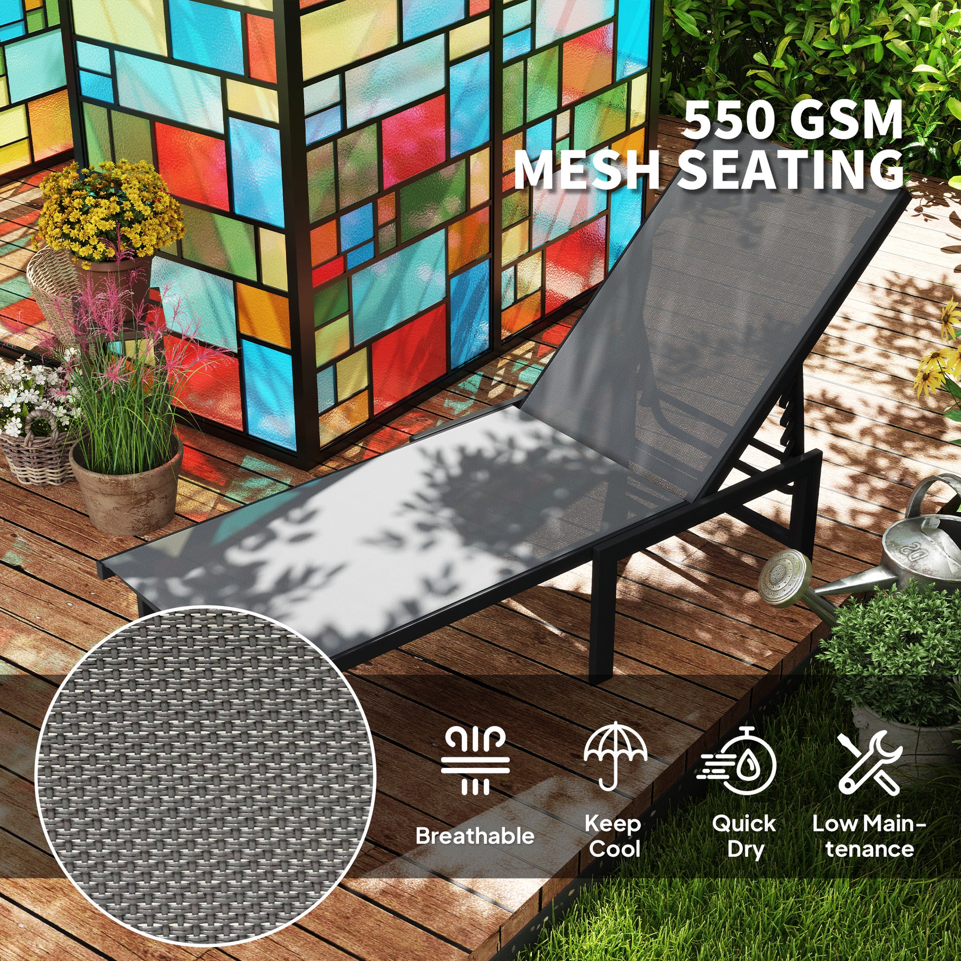 Outdoor Lounge Chair Set of 2, Grey Reclining Chaise Tanning Chairs with Mesh Seats-DECOROLALA