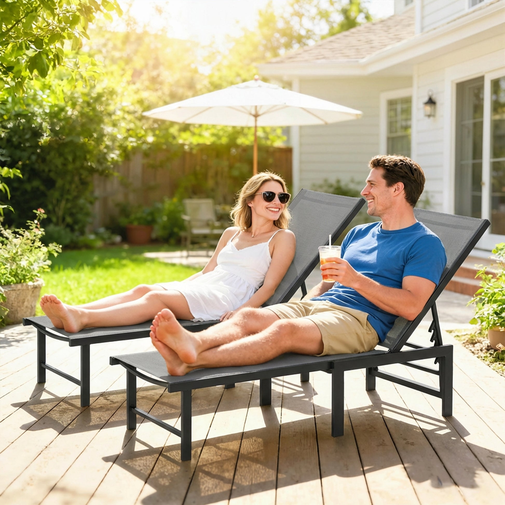 Outdoor Lounge Chair Set of 2, Grey Reclining Chaise Tanning Chairs with Mesh Seats-DECOROLALA