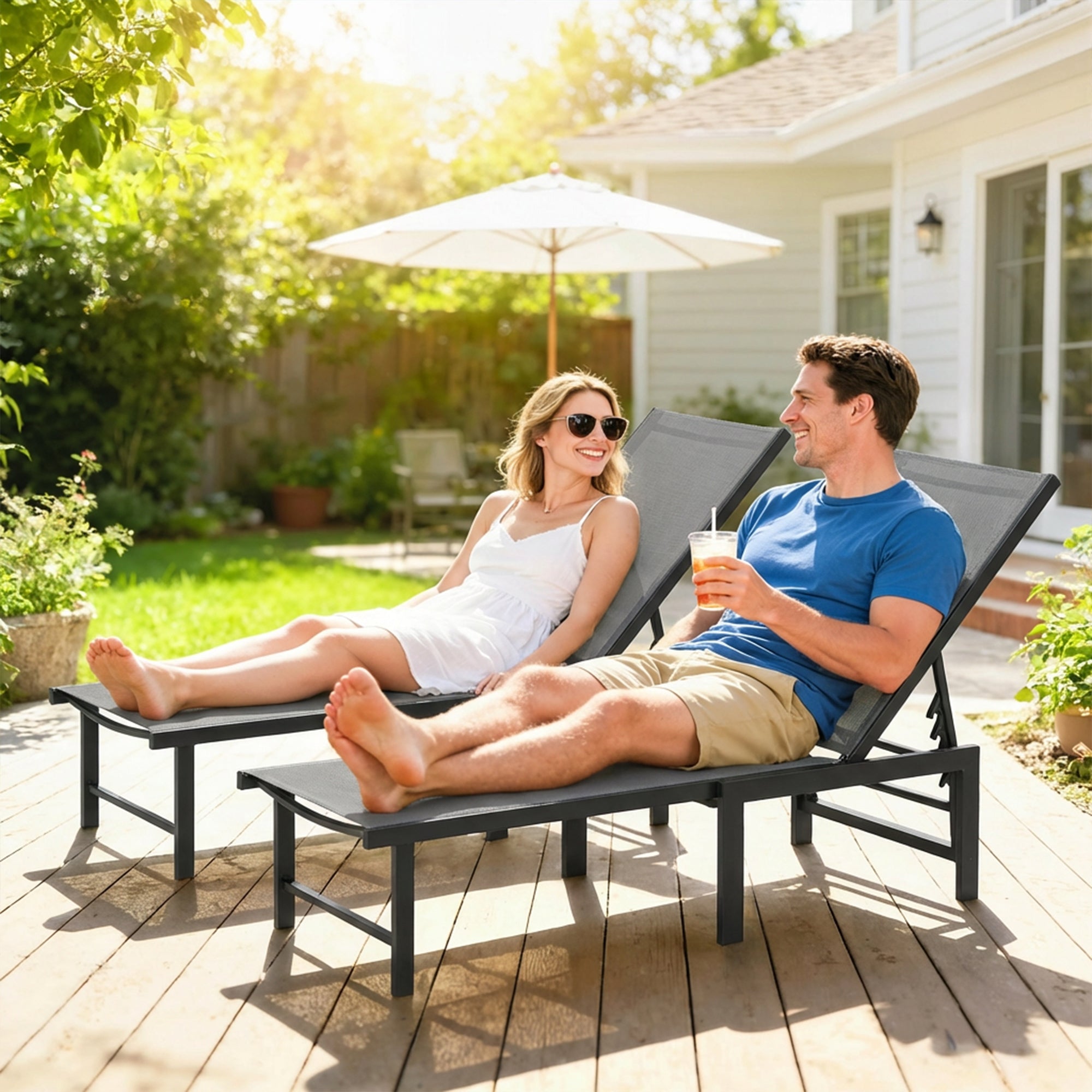 Outdoor Lounge Chair Set of 2, Grey Reclining Chaise Tanning Chairs with Mesh Seats-DECOROLALA