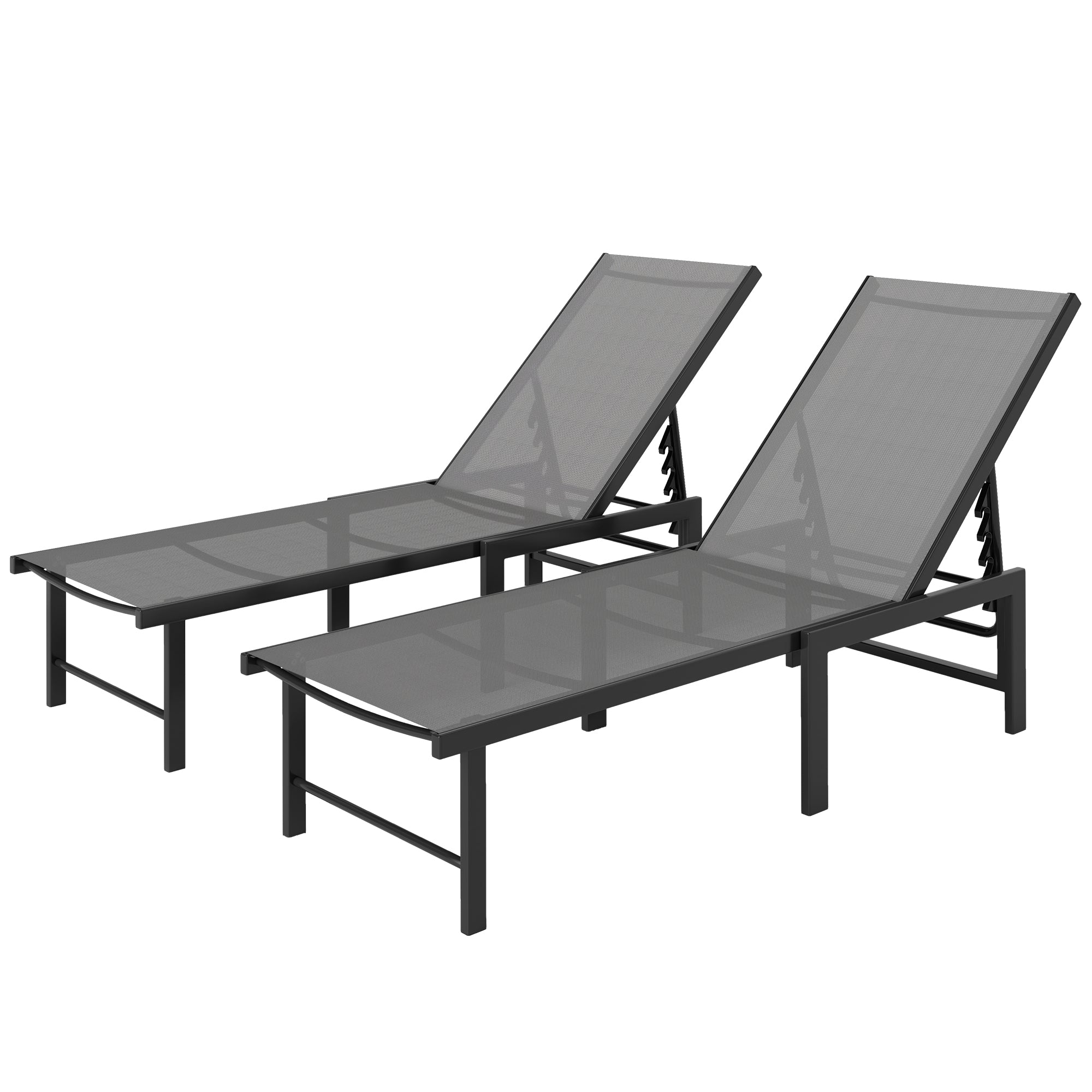 Outdoor Lounge Chair Set of 2, Grey Reclining Chaise Tanning Chairs with Mesh Seats-DECOROLALA