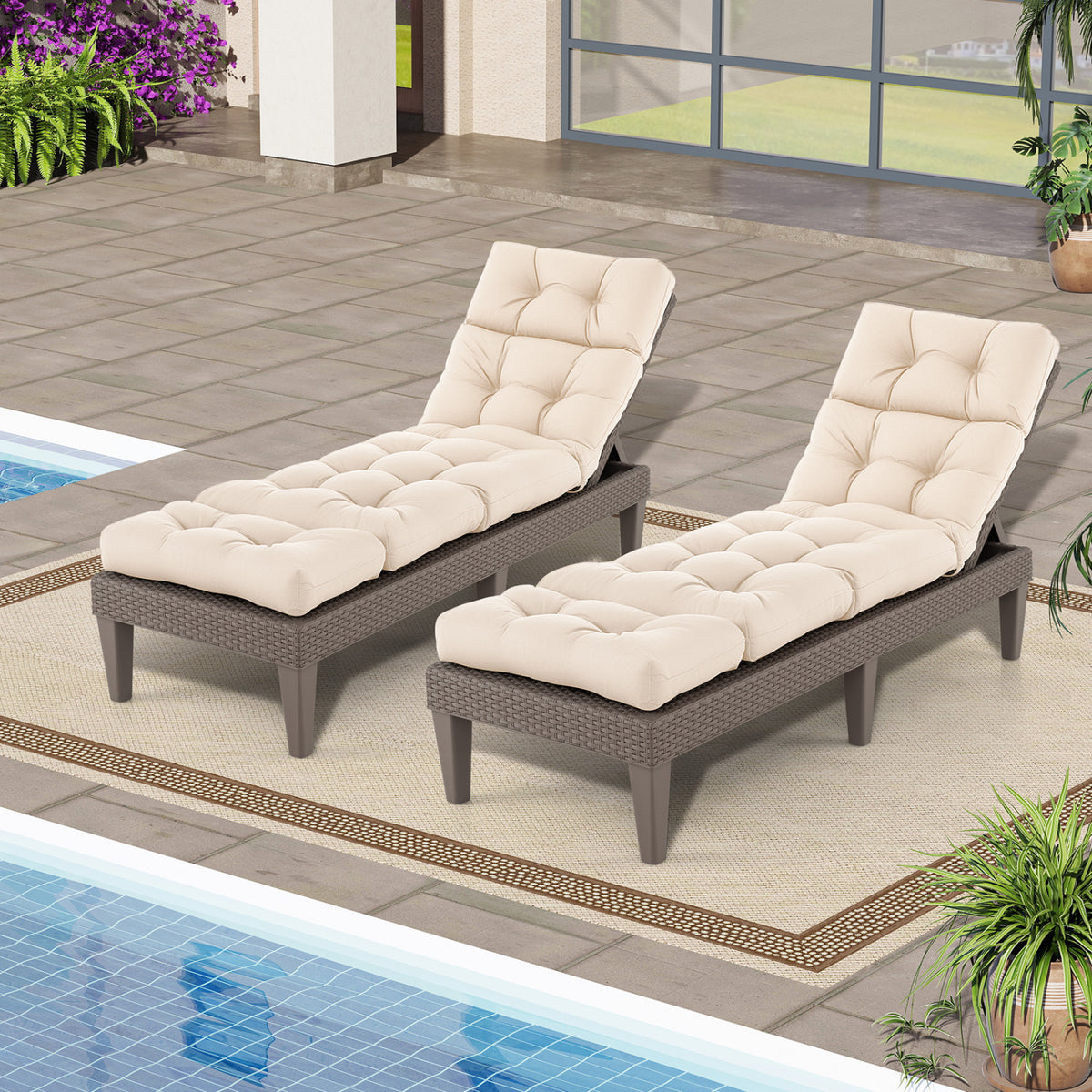 Outdoor Lounge Chaise Cushion 73"x22" with High Back String Ties-Beige-Outdoor Furniture Accessories-DECOROLALA
