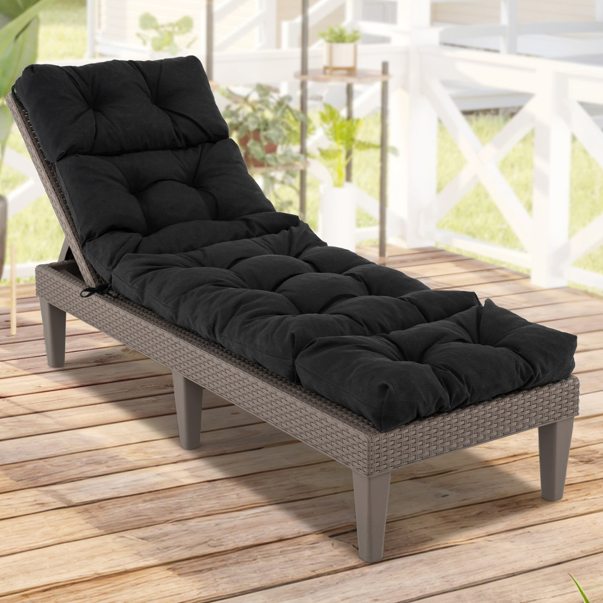 Outdoor Lounge Chaise Cushion with String Ties for Garden Poolside-Black-Outdoor Furniture Accessories-DECOROLALA