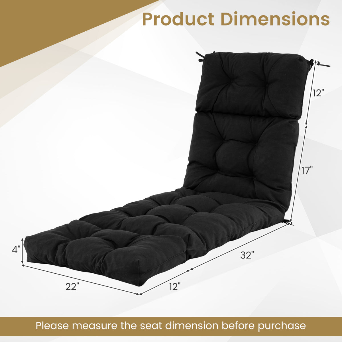 Outdoor Lounge Chaise Cushion with String Ties for Garden Poolside-Black-Outdoor Furniture Accessories-DECOROLALA