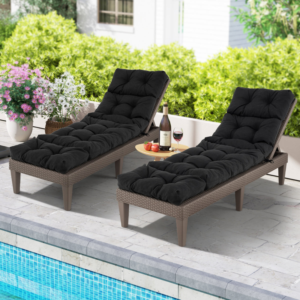 Outdoor Lounge Chaise Cushion with String Ties for Garden Poolside-Black-Outdoor Furniture Accessories-DECOROLALA