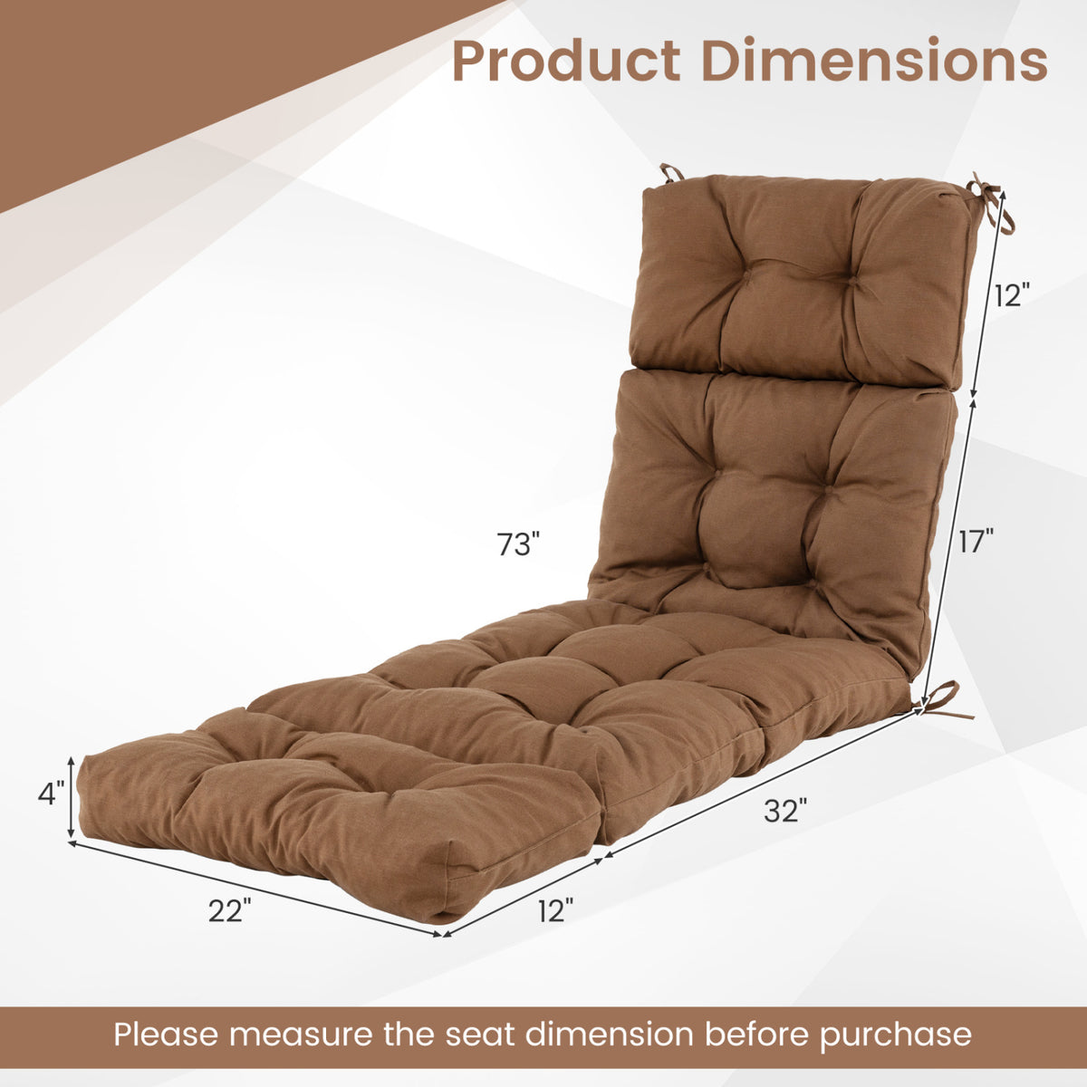 Outdoor Lounge Chaise Cushion with String Ties for Garden Poolside-Brown-Outdoor Furniture Accessories-DECOROLALA