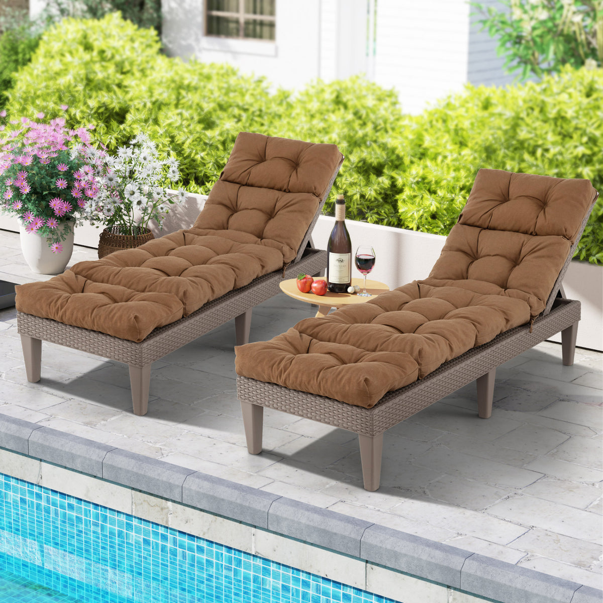 Outdoor Lounge Chaise Cushion with String Ties for Garden Poolside-Brown-Outdoor Furniture Accessories-DECOROLALA