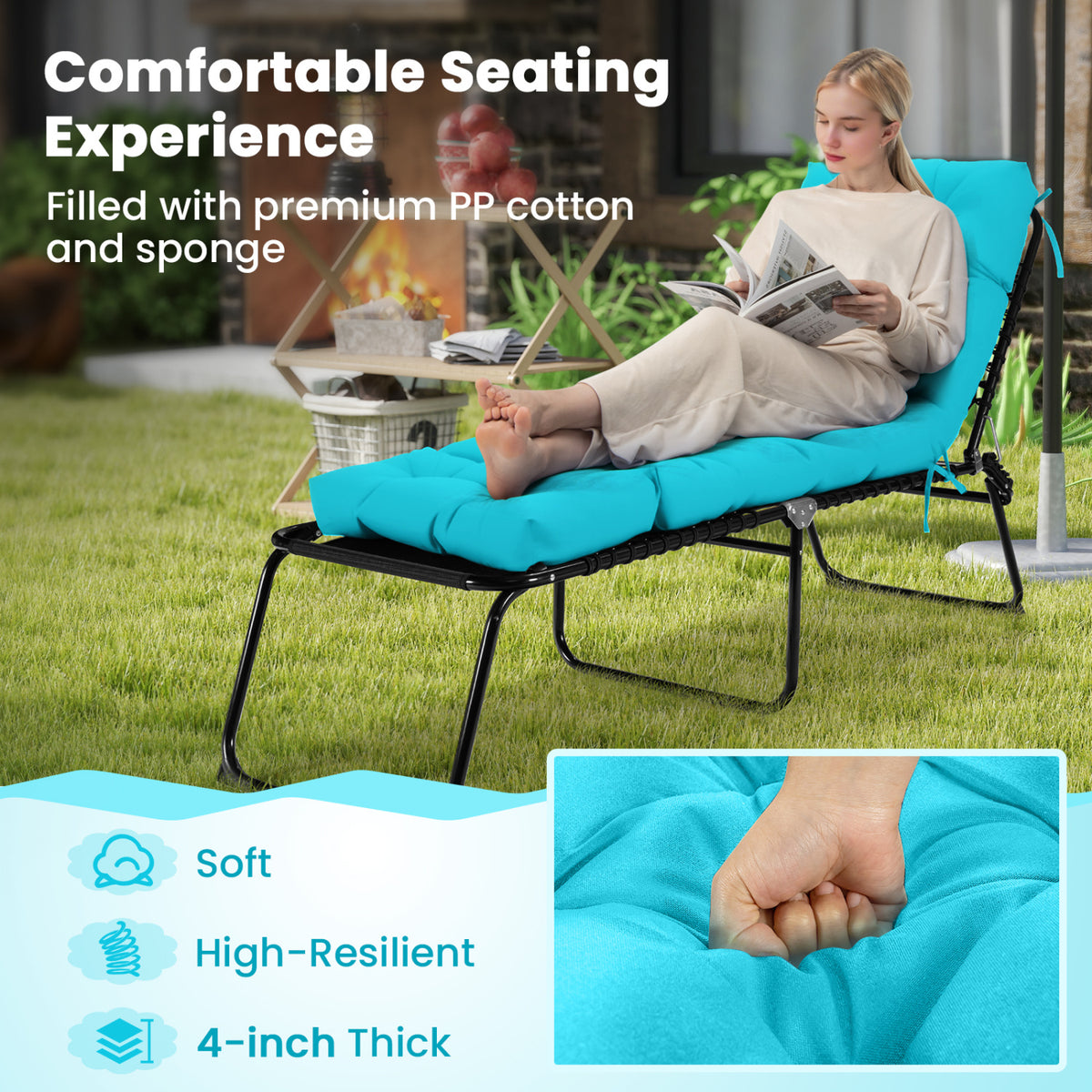 Outdoor Lounge Chaise Cushion with String Ties for Garden Poolside-Green-Outdoor Furniture Accessories-DECOROLALA