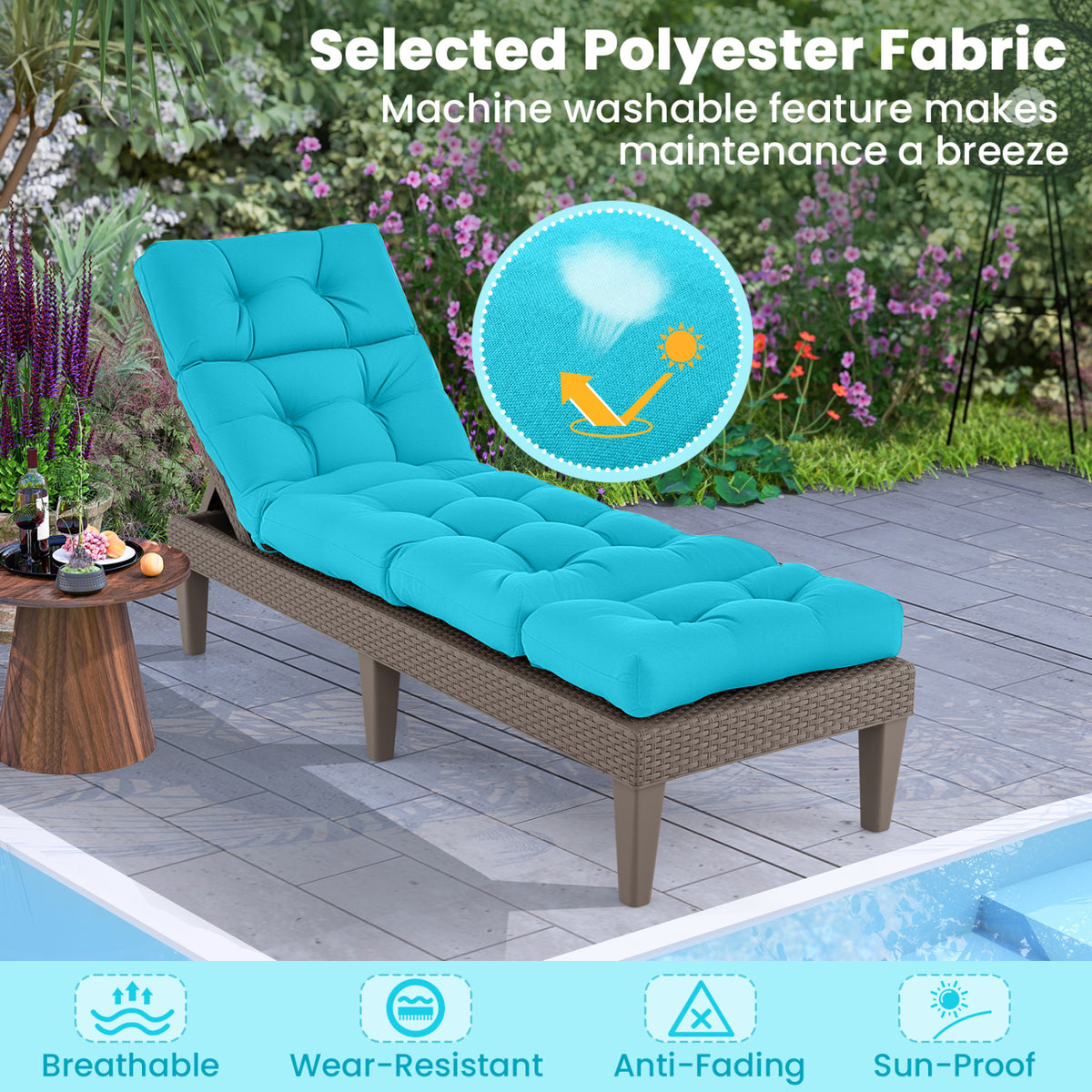Outdoor Lounge Chaise Cushion with String Ties for Garden Poolside-Green-Outdoor Furniture Accessories-DECOROLALA
