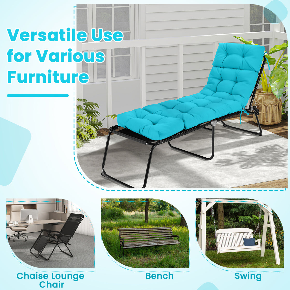 Outdoor Lounge Chaise Cushion with String Ties for Garden Poolside-Green-Outdoor Furniture Accessories-DECOROLALA