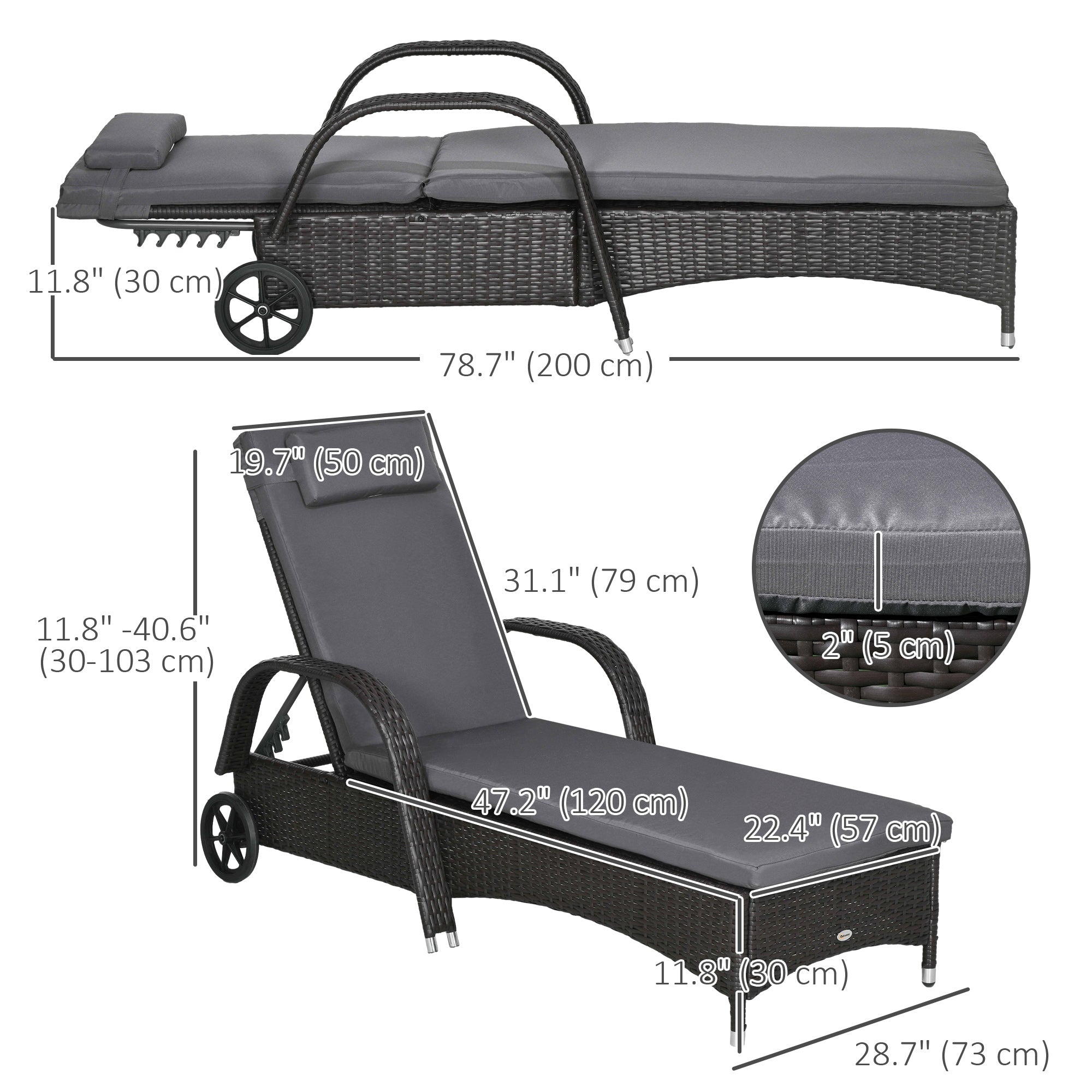 Outdoor Lounger, Adjustable, Deep Coffee, Med Grey, 5 Positions, Wheels-DECOROLALA