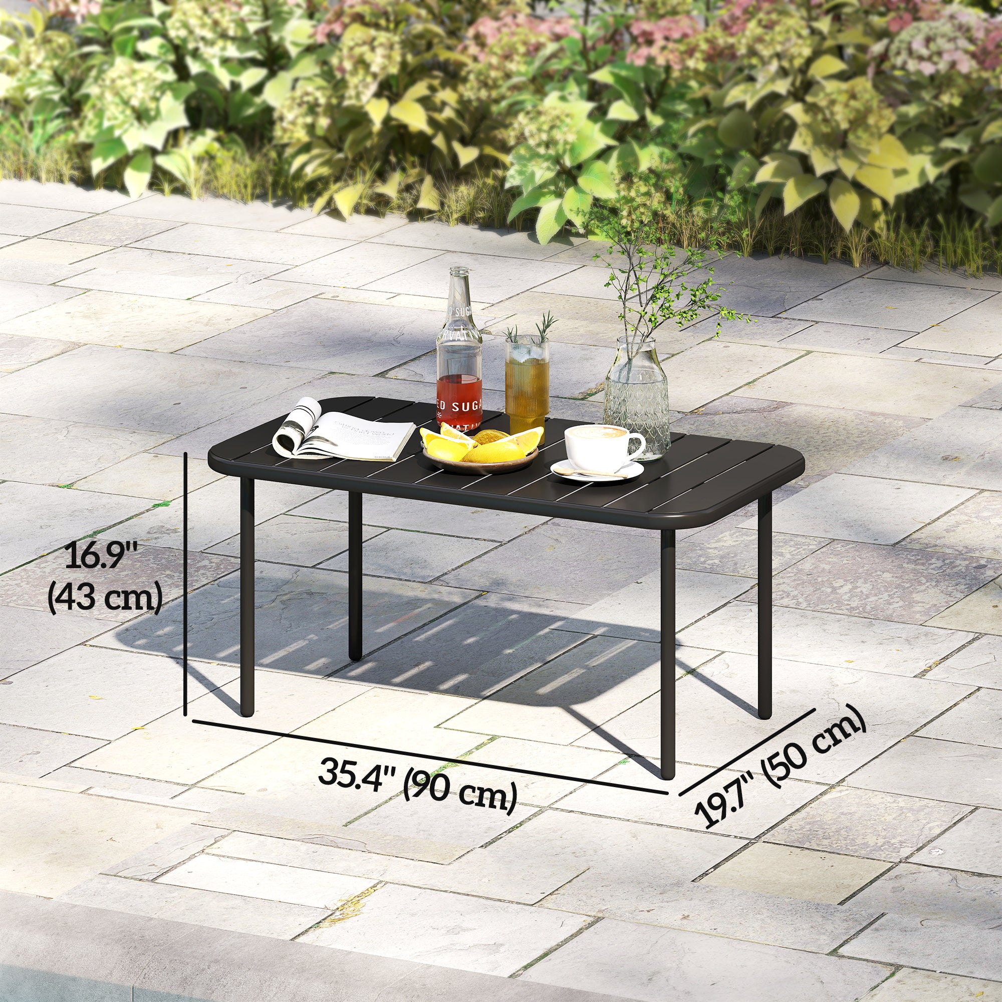 Outdoor Metal Coffee Table - Black 35" Slatted Steel-Patio & Garden > Patio Furniture > Patio Side Tables-DECOROLALA