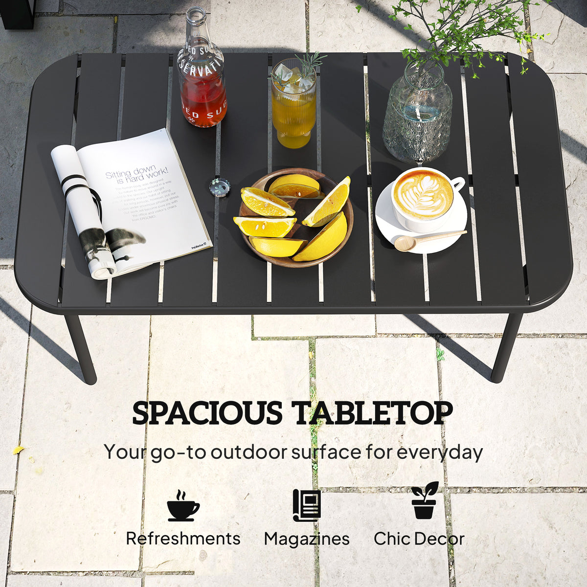 Outdoor Metal Coffee Table - Black 35" Slatted Steel-Patio & Garden > Patio Furniture > Patio Side Tables-DECOROLALA
