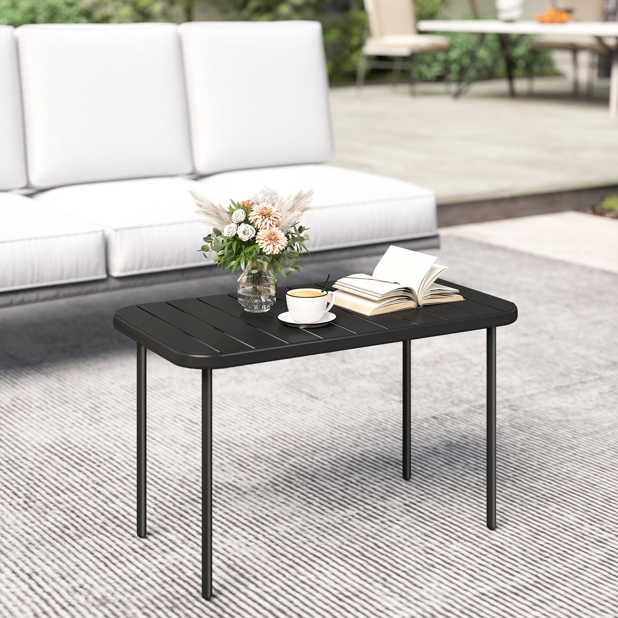 Outdoor Metal Coffee Table - Black 35" Slatted Steel-Patio & Garden > Patio Furniture > Patio Side Tables-DECOROLALA
