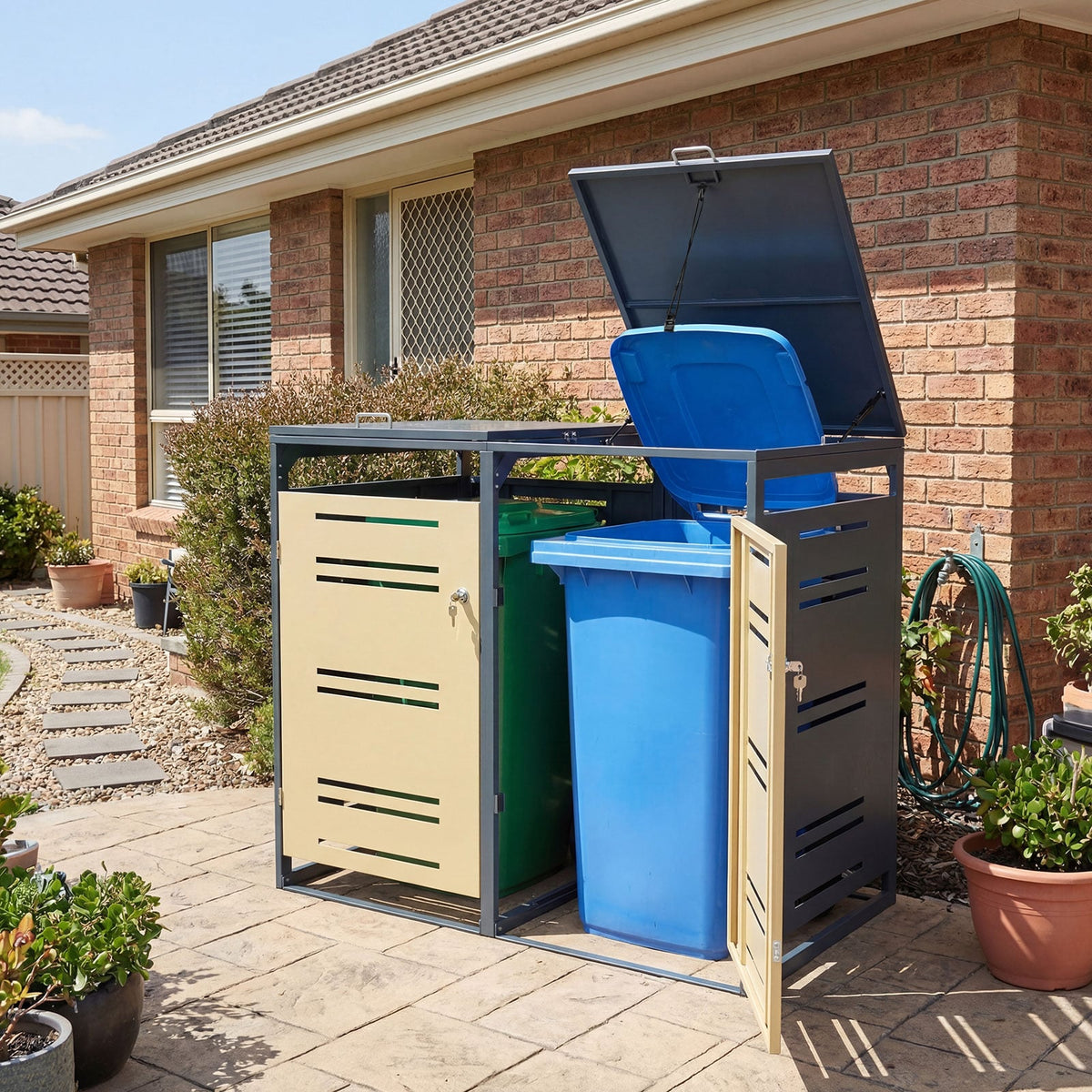 Outdoor Metal Garbage Bin Storage Shed for 2 Trash Cans-Yellow-Sheds & Outdoor Storage-DECOROLALA