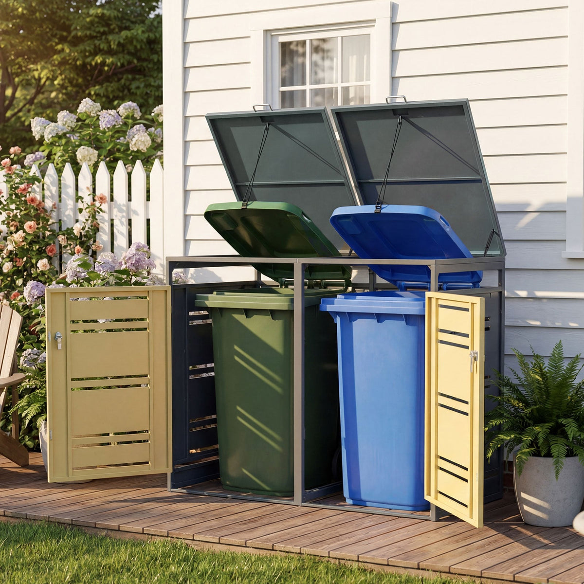 Outdoor Metal Garbage Bin Storage Shed for 2 Trash Cans-Yellow-Sheds & Outdoor Storage-DECOROLALA