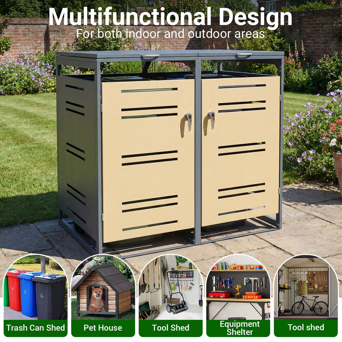 Outdoor Metal Garbage Bin Storage Shed for 2 Trash Cans-Yellow-Sheds & Outdoor Storage-DECOROLALA