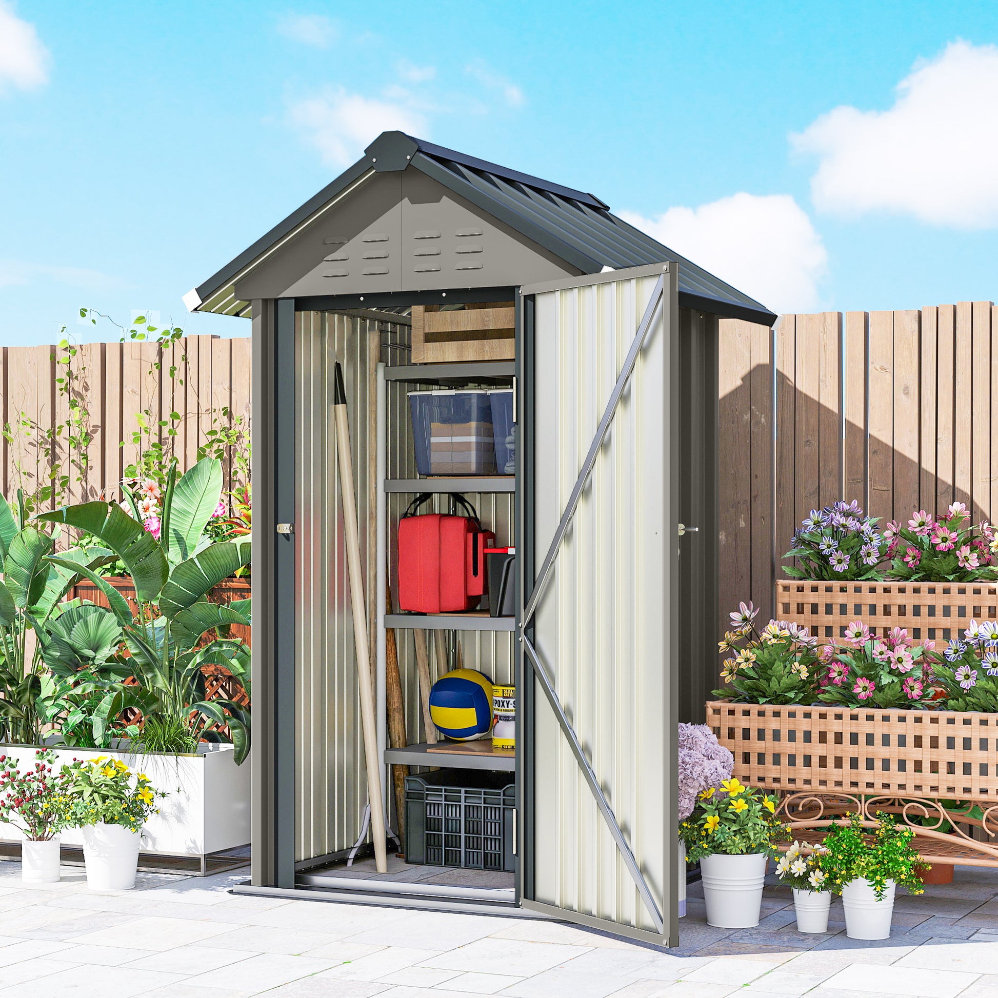 Outdoor Metal Garden Storage Shed - Grey 48" x 48"-Patio & Garden > Lawn & Garden > Sheds-DECOROLALA
