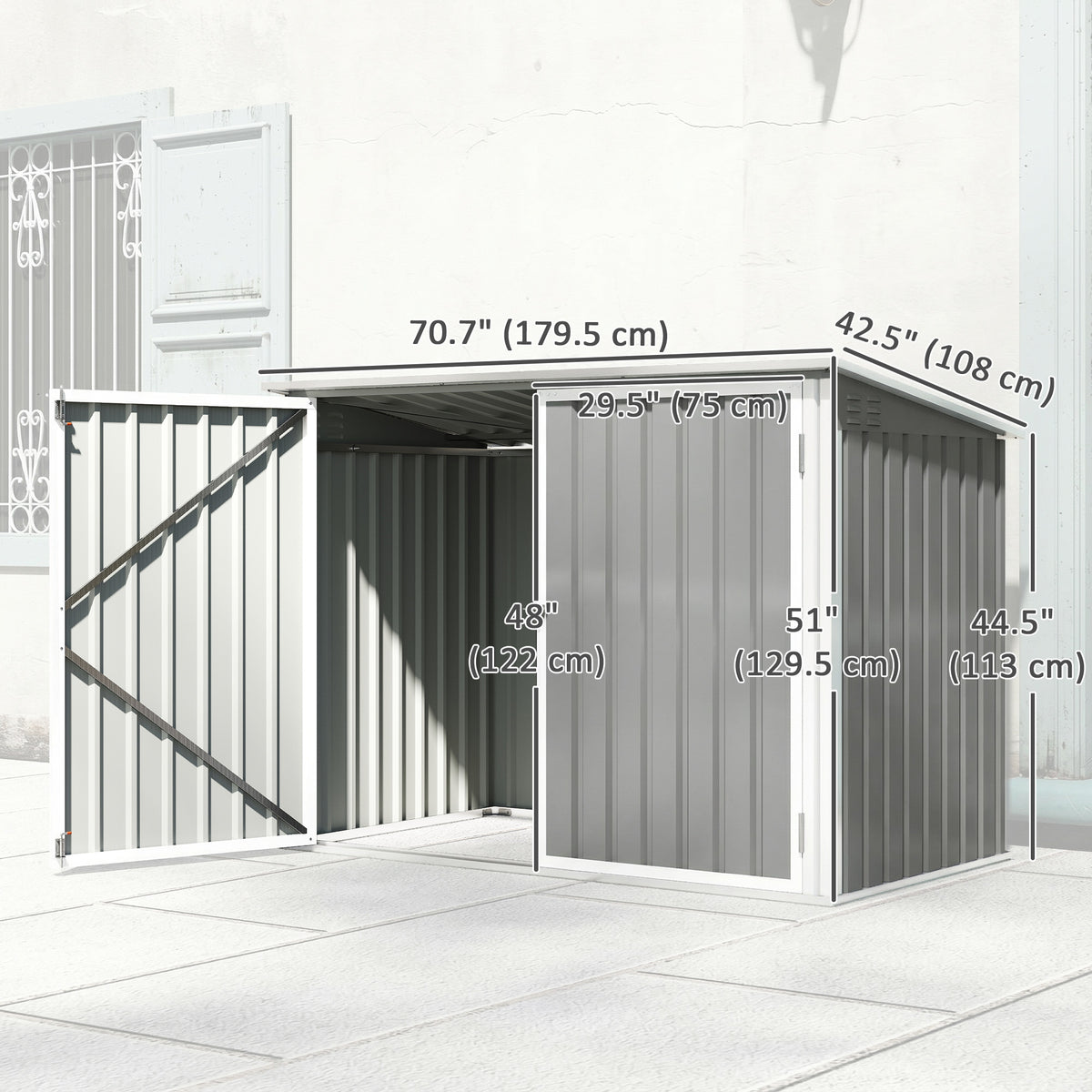 Outdoor Metal Storage Shed Garden Garbage Can Organizer with Double Door and Vents for 2 Trash Cans, Light Grey-Storage Sheds-DECOROLALA