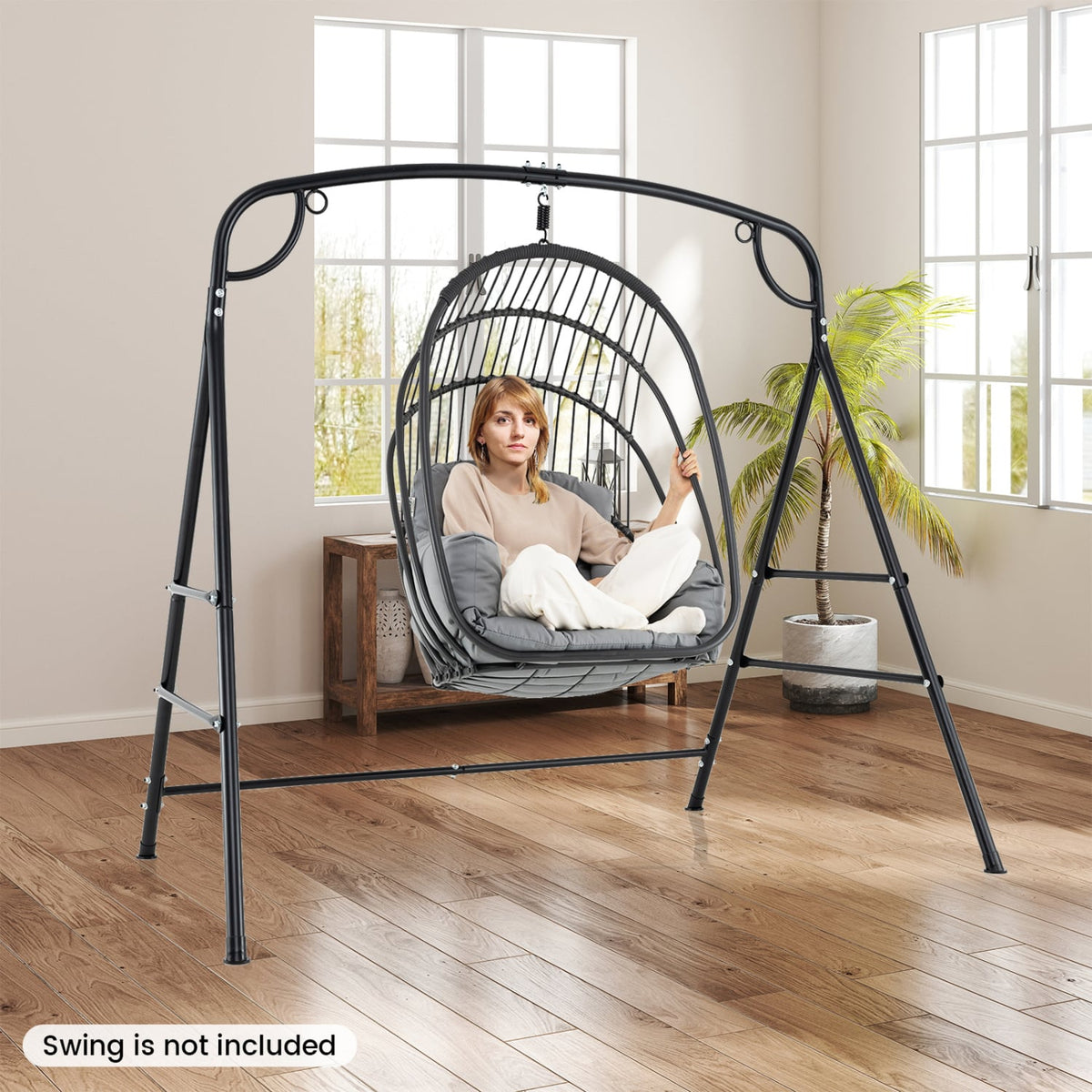 Outdoor Metal Swing Stand with 4 Support Bars and 2 Hanging Ways-Black-Porch Swings-DECOROLALA