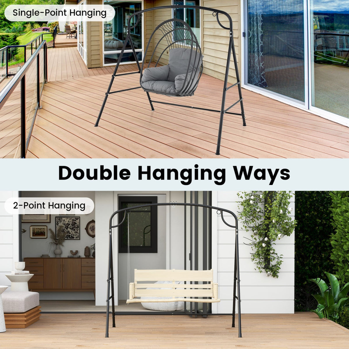 Outdoor Metal Swing Stand with 4 Support Bars and 2 Hanging Ways-Black-Porch Swings-DECOROLALA