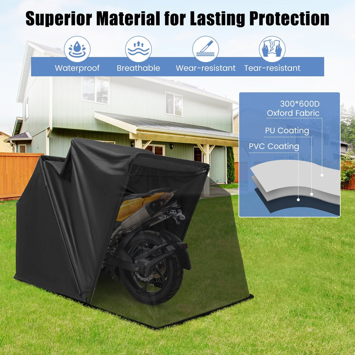 Outdoor Motorcycle Shelter Waterproof Motorbike Storage Tent with Cover-Black-Carports-DECOROLALA