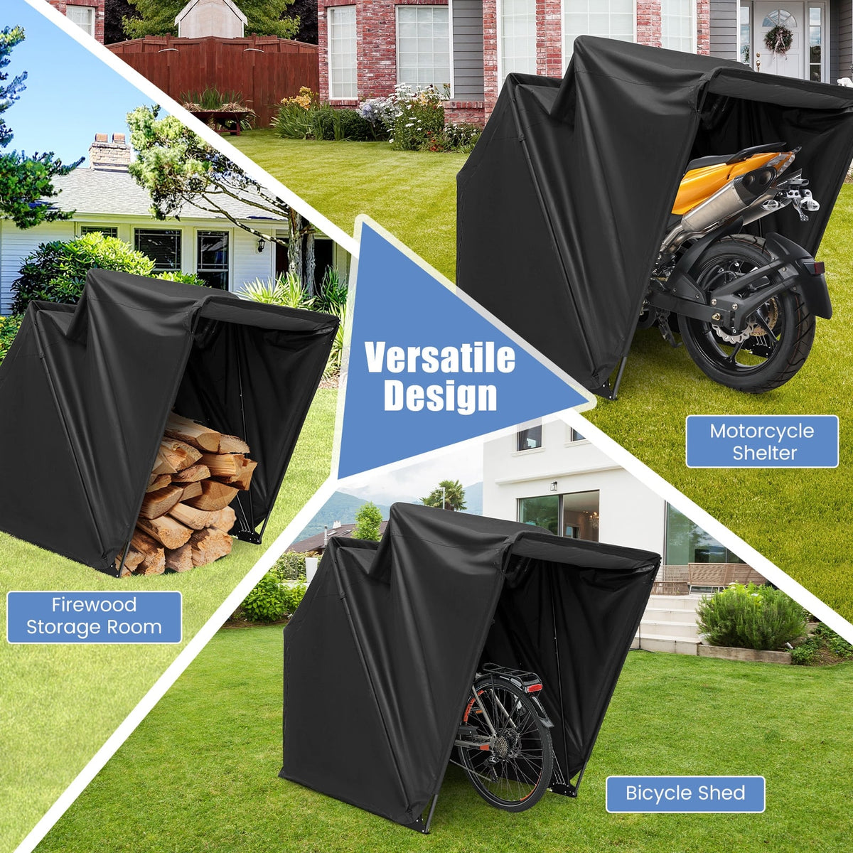 Outdoor Motorcycle Shelter Waterproof Motorbike Storage Tent with Cover-Black-Carports-DECOROLALA
