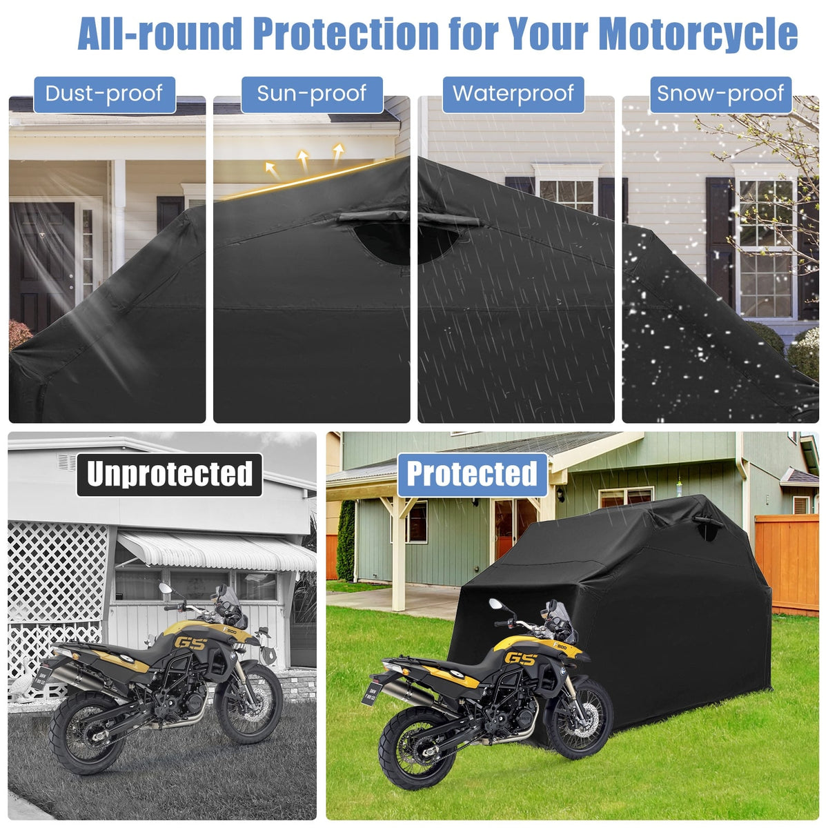 Outdoor Motorcycle Shelter Waterproof Motorbike Storage Tent with Cover-Black-Carports-DECOROLALA
