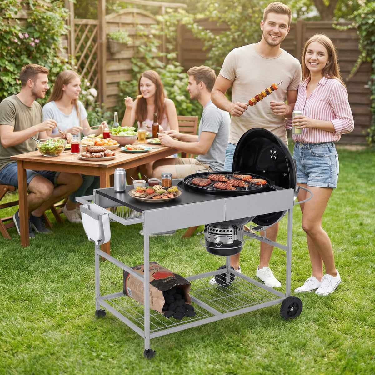 Outdoor Movable Grill Table for 18/22 Inch Weber Original Kettle for Camping-Black-Outdoor Grills-DECOROLALA