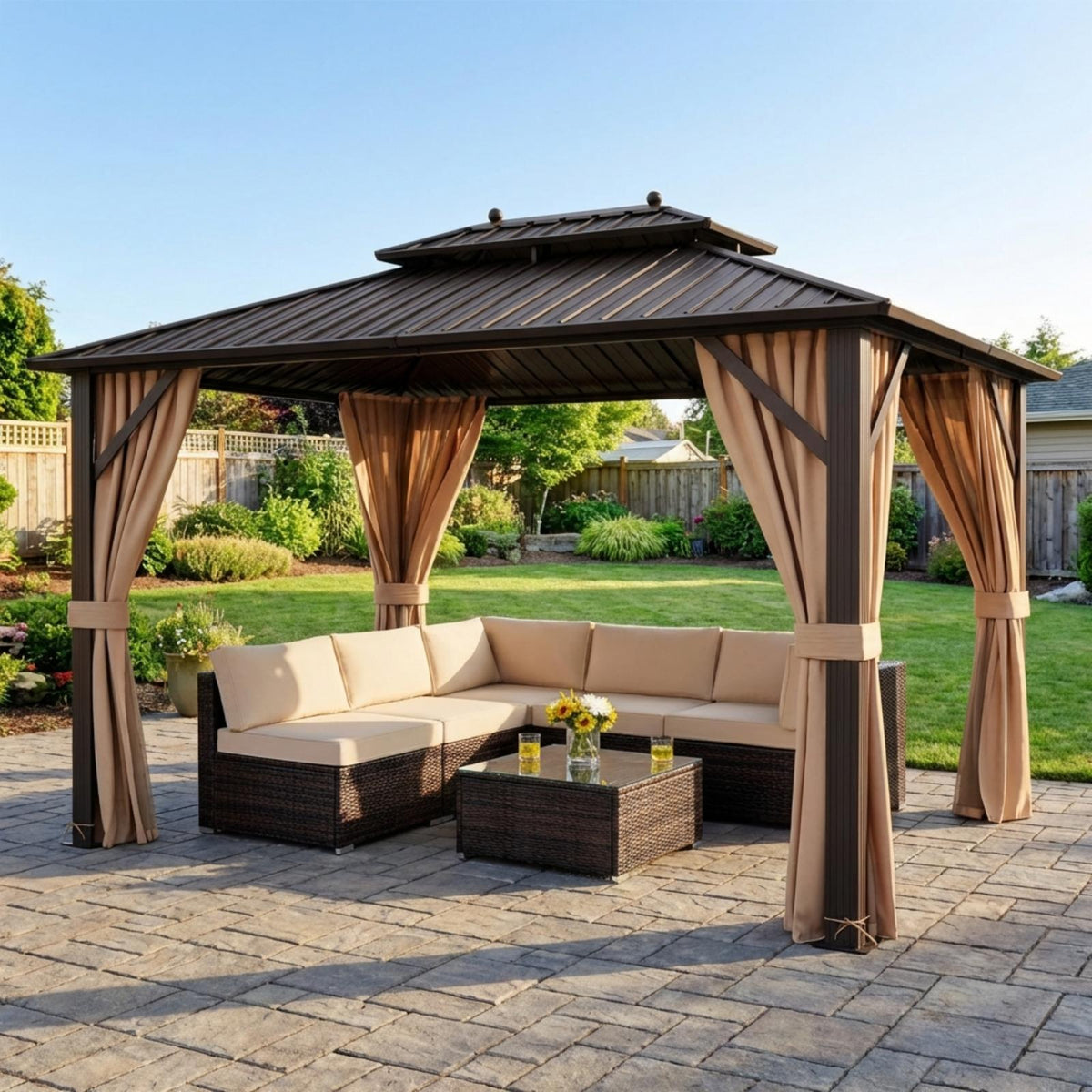 Outdoor Oasis Ultimate Combo: All-Weather Rattan Seating Set with Hardtop Gazebo Shelter-Patio Furniture Sets-DECOROLALA