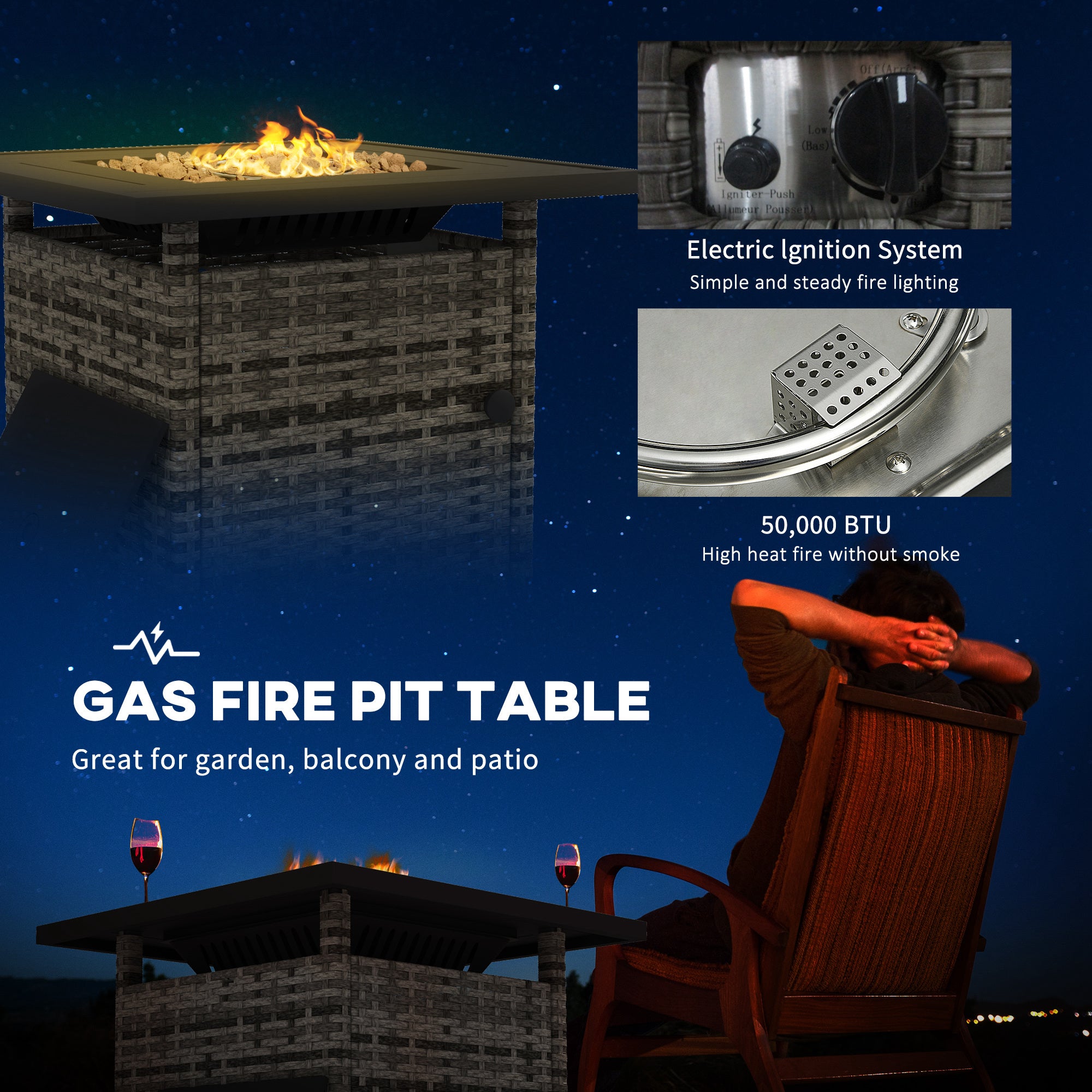 Outdoor PE Rattan Propane Fire Pit Table - Mixed Grey-Patio & Garden > Fire Pits-DECOROLALA