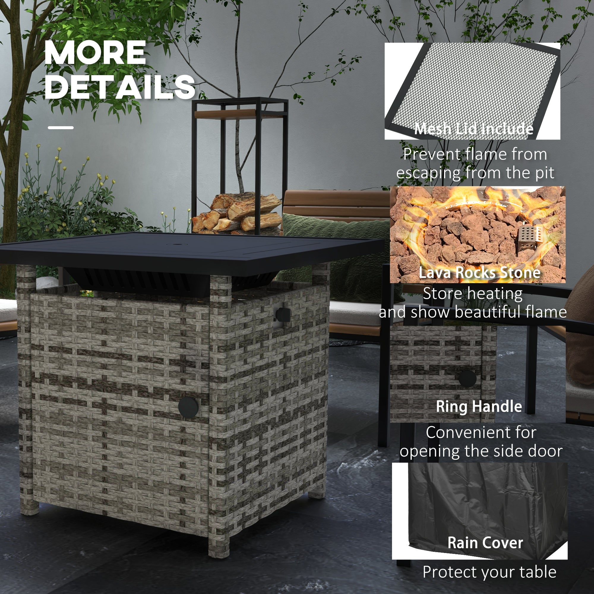 Outdoor PE Rattan Propane Fire Pit Table - Mixed Grey-Patio & Garden > Fire Pits-DECOROLALA
