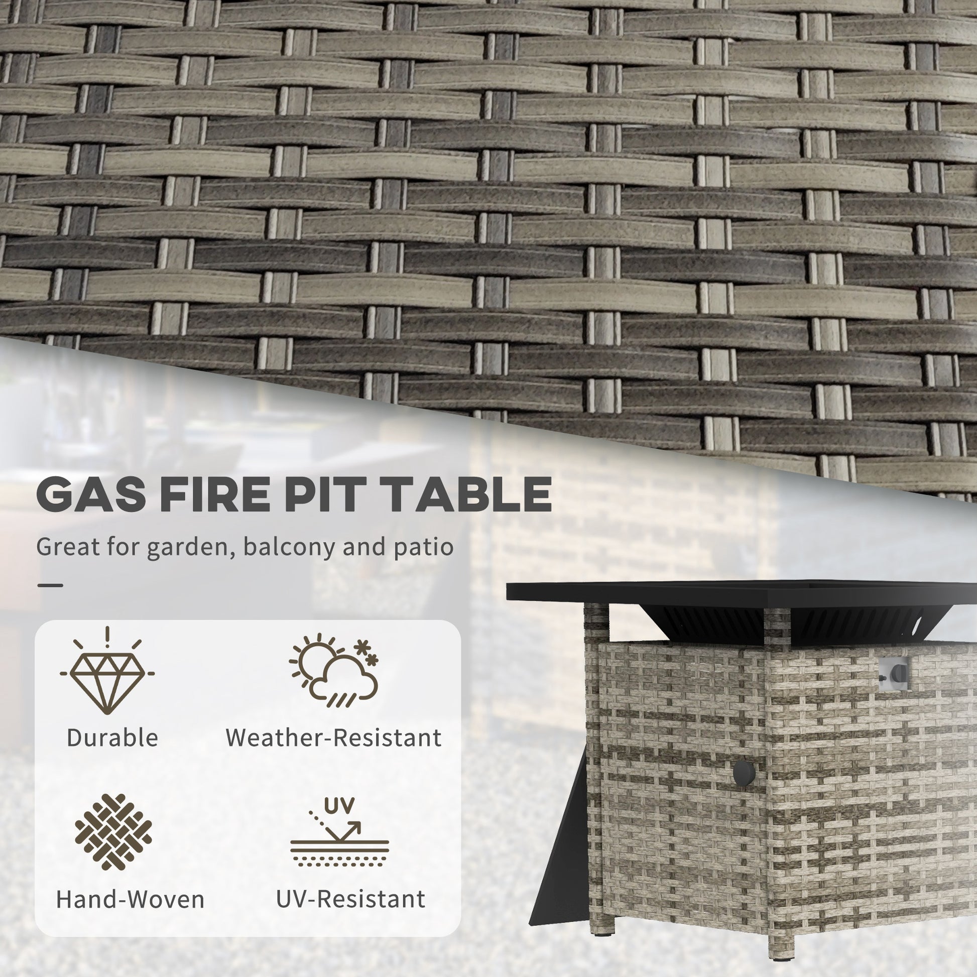 Outdoor PE Rattan Propane Fire Pit Table - Mixed Grey-Patio & Garden > Fire Pits-DECOROLALA