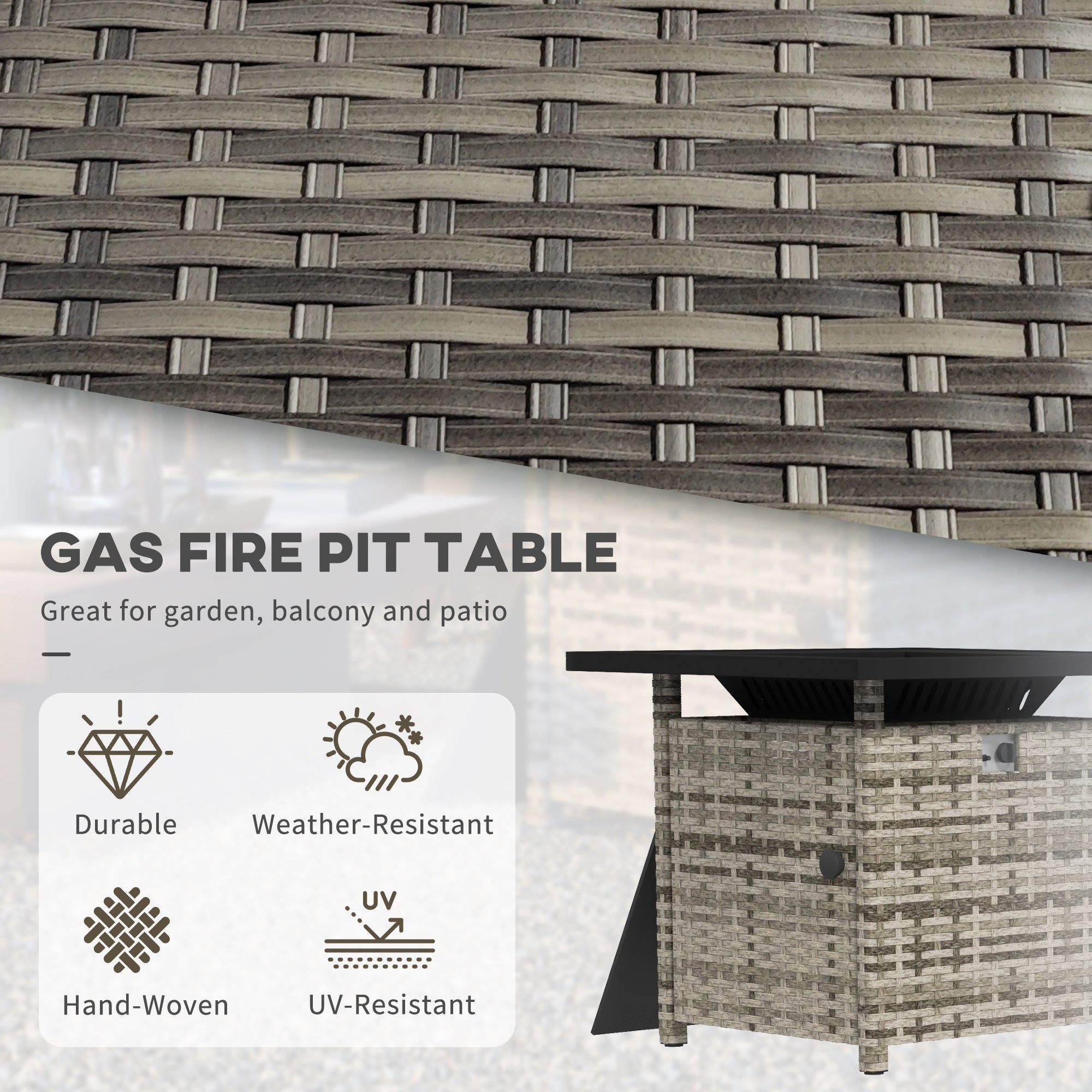 Outdoor PE Rattan Propane Fire Pit Table - Mixed Grey-Patio & Garden > Fire Pits-DECOROLALA