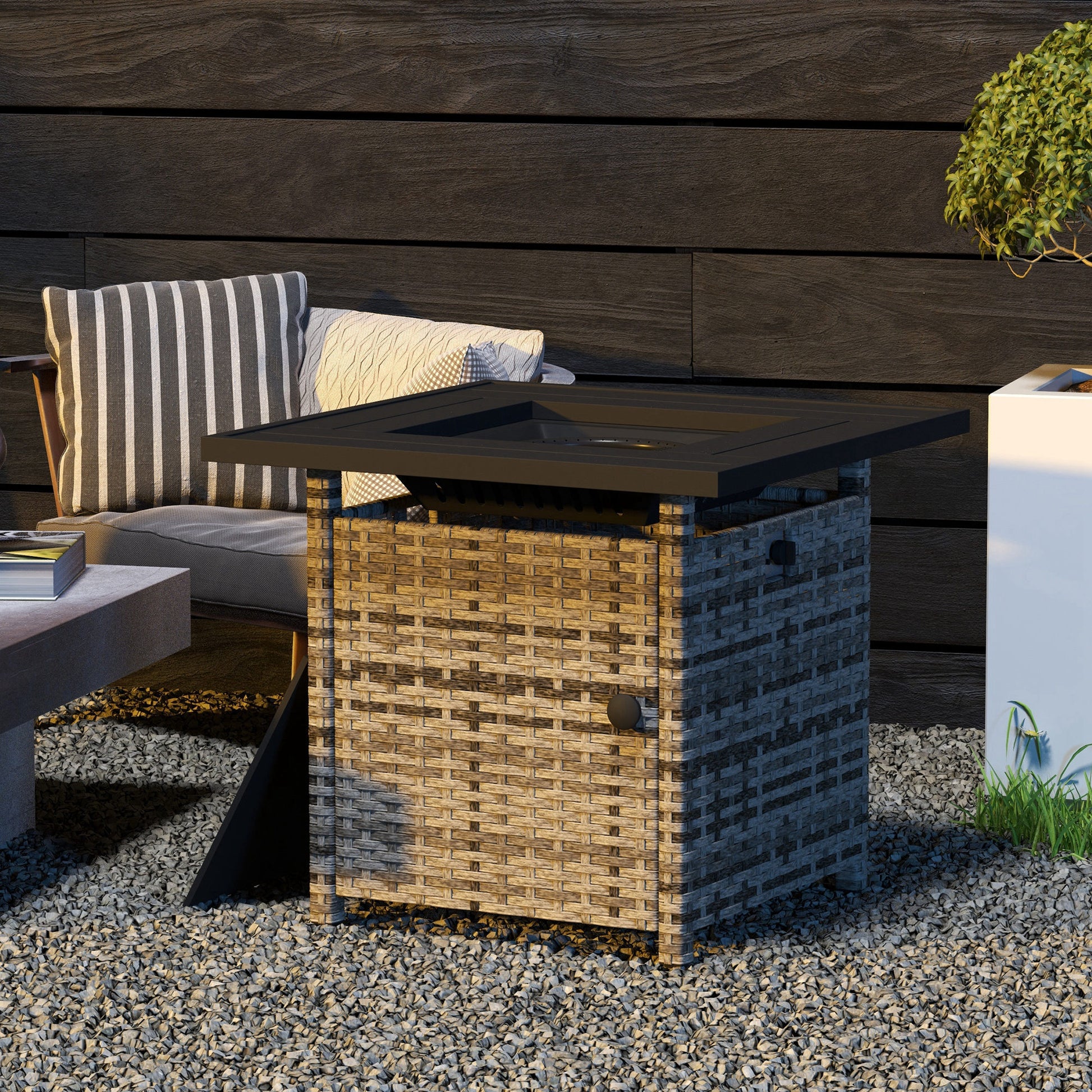 Outdoor PE Rattan Propane Fire Pit Table - Mixed Grey-Patio & Garden > Fire Pits-DECOROLALA