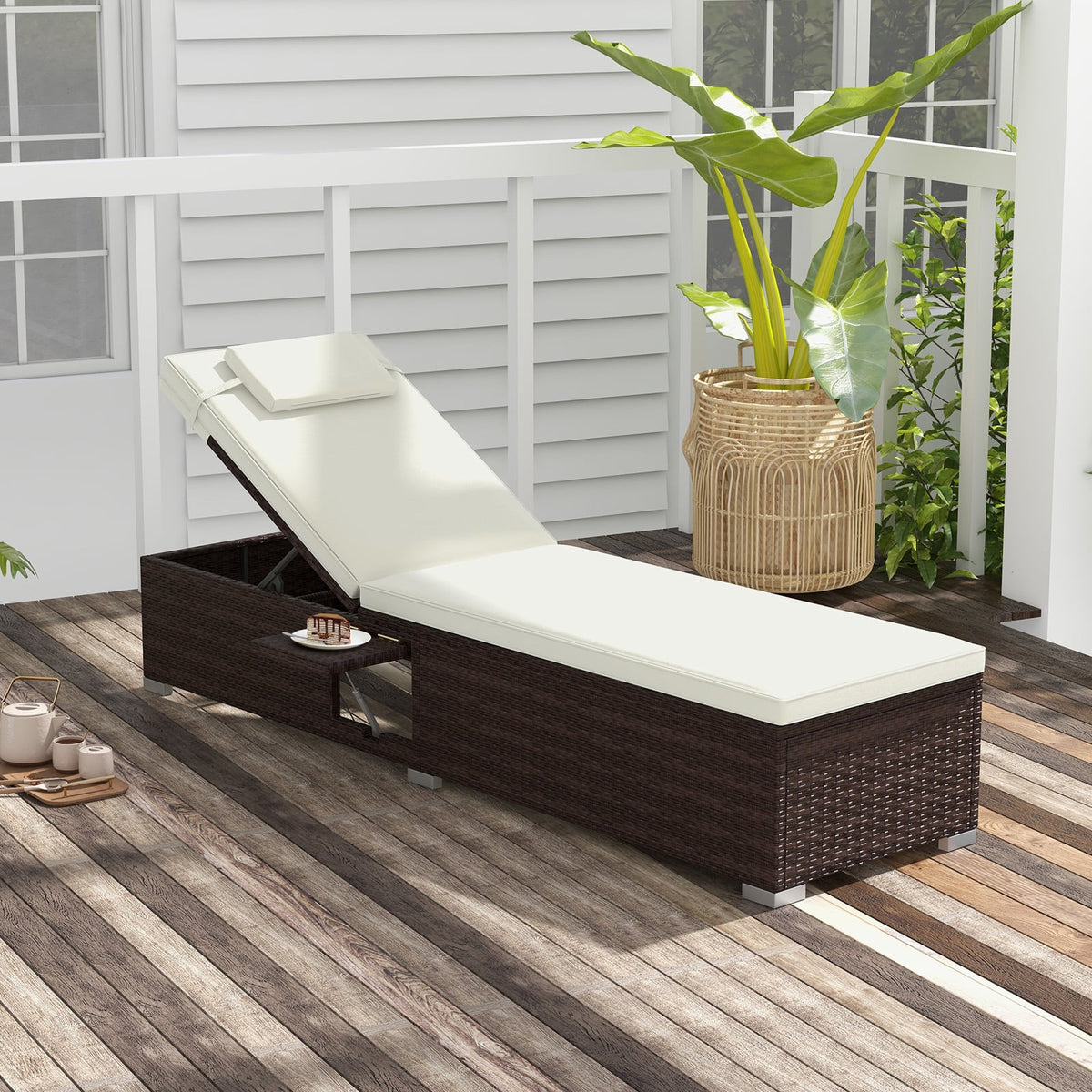 Outdoor PE RattanChaise Lounge with 6-level Backrest-Off White-Outdoor Chaise Lounges-DECOROLALA