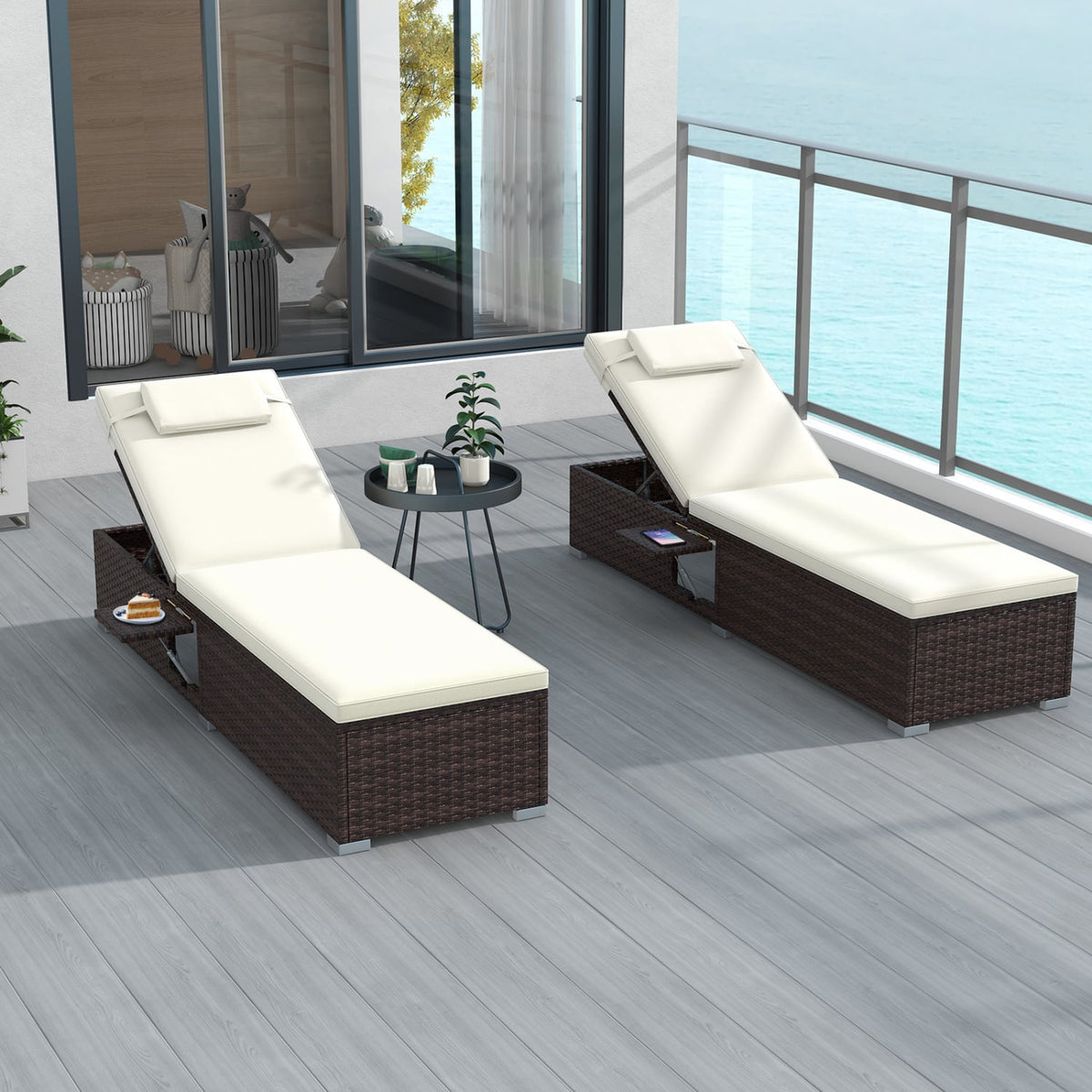 Outdoor PE RattanChaise Lounge with 6-level Backrest-Off White-Outdoor Chaise Lounges-DECOROLALA