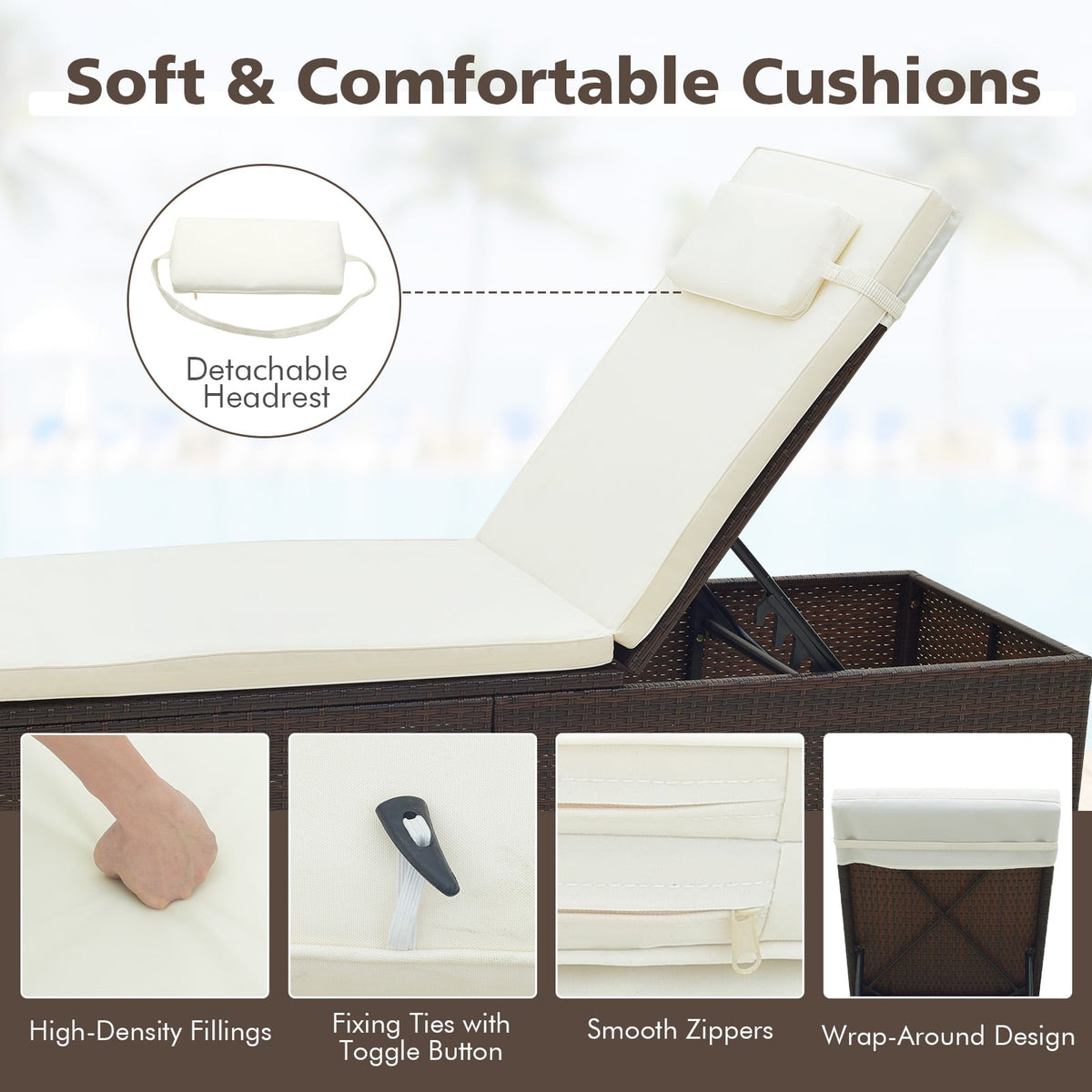 Outdoor PE RattanChaise Lounge with 6-level Backrest-Off White-Outdoor Chaise Lounges-DECOROLALA