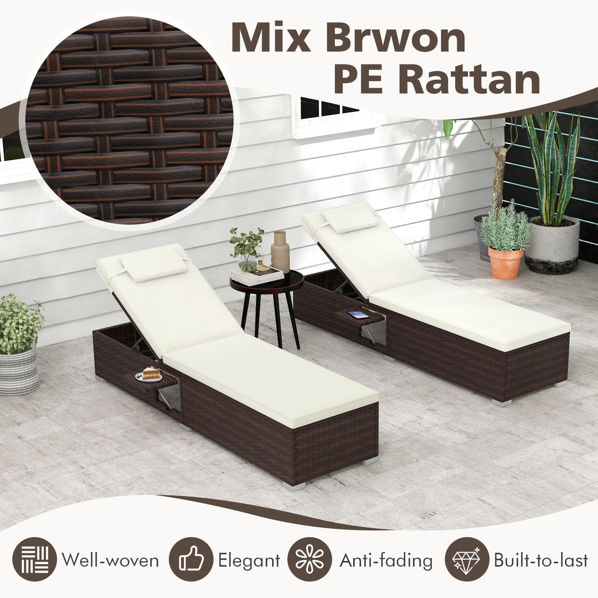 Outdoor PE RattanChaise Lounge with 6-level Backrest-Off White-Outdoor Chaise Lounges-DECOROLALA