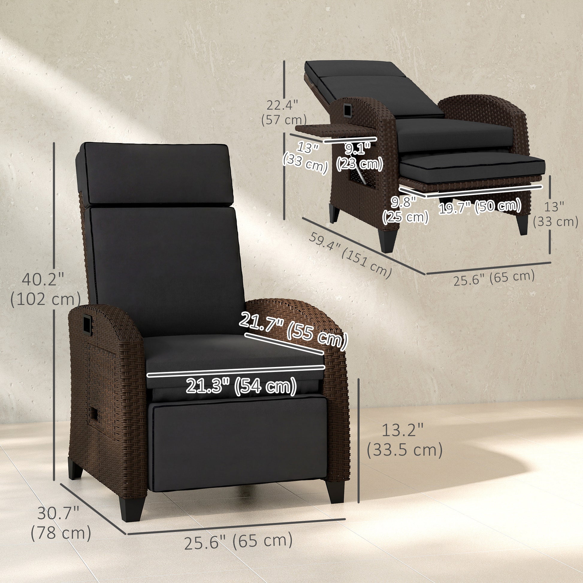 Outdoor PE Wicker Recliner Chair with Side Tray - Black-DECOROLALA