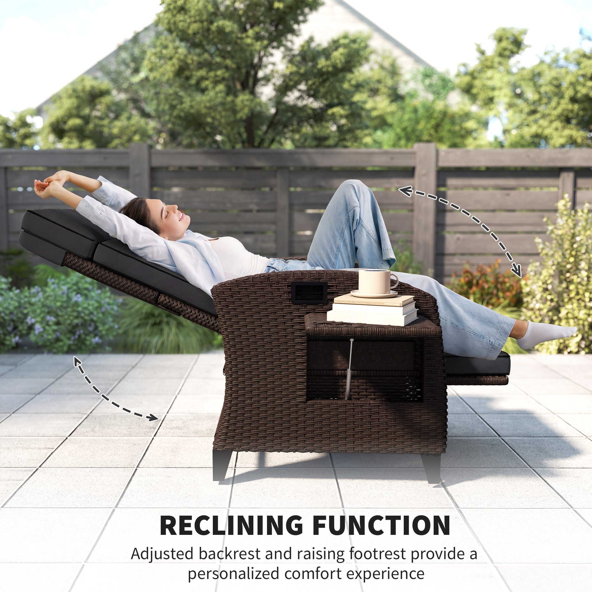 Outdoor PE Wicker Recliner Chair with Side Tray - Black-DECOROLALA