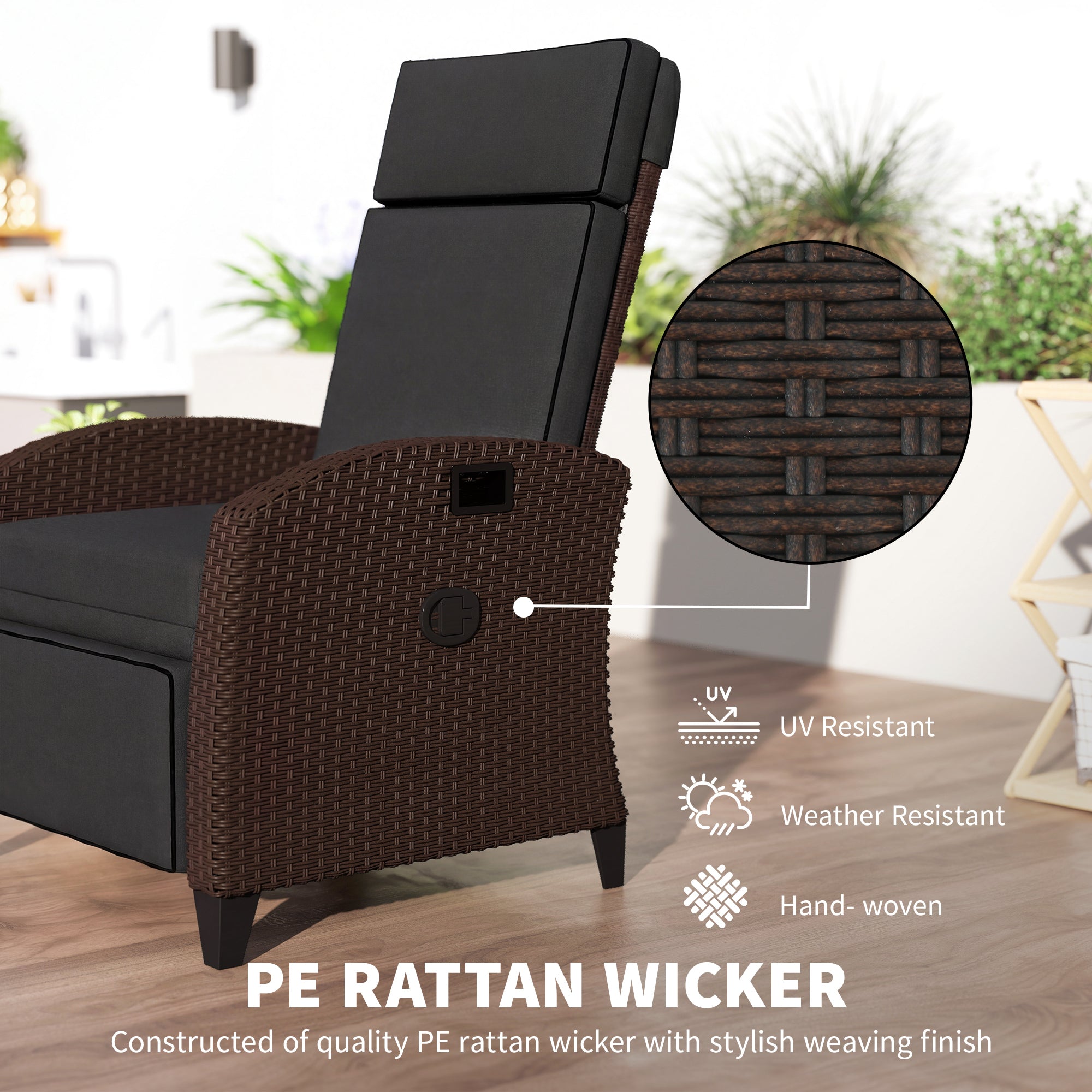 Outdoor PE Wicker Recliner Chair with Side Tray - Black-DECOROLALA
