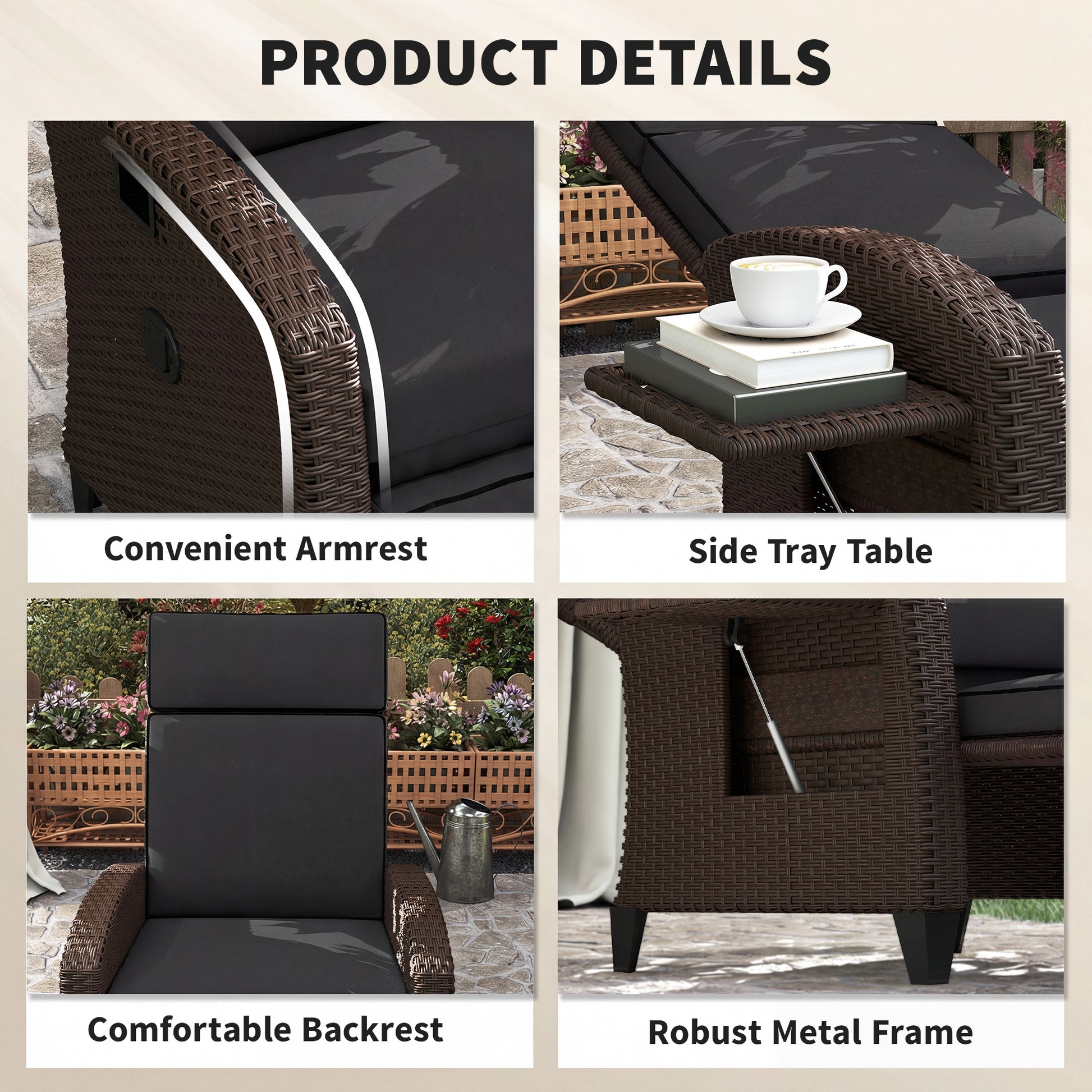 Outdoor PE Wicker Recliner Chair with Side Tray - Black-DECOROLALA