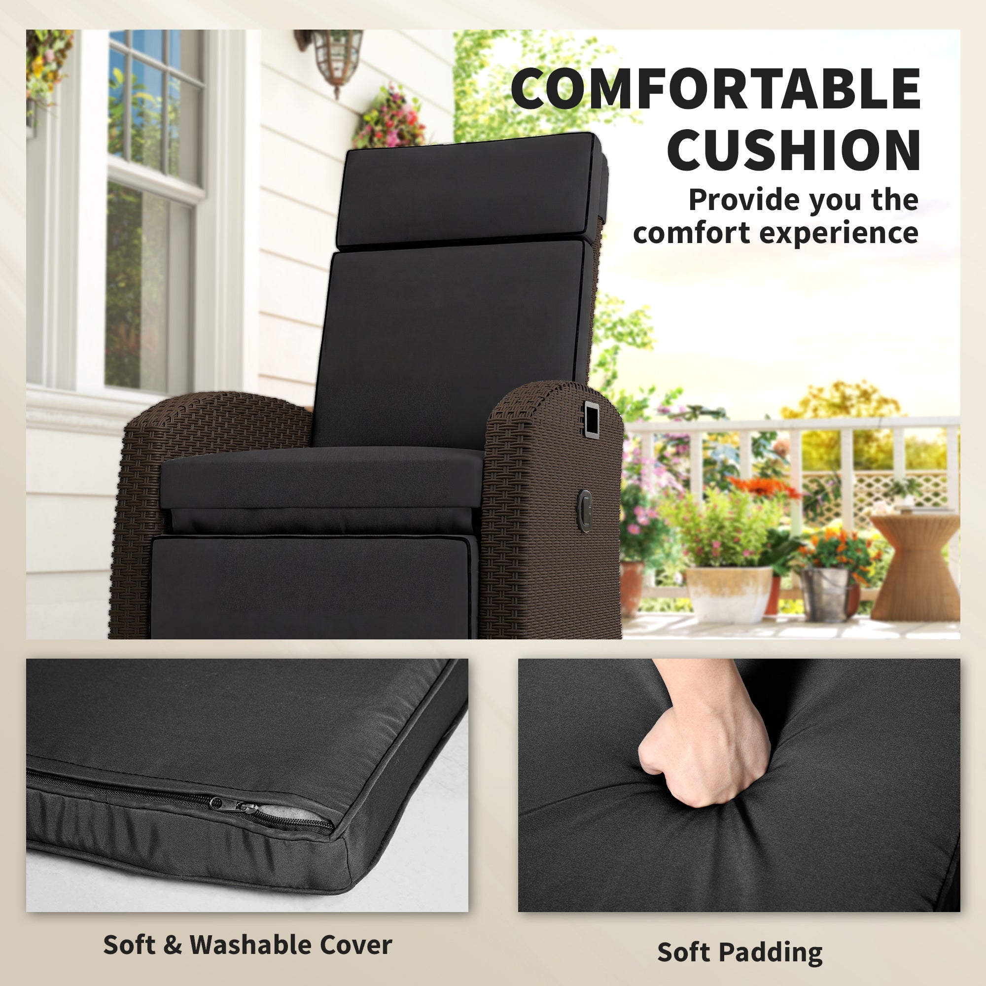 Outdoor PE Wicker Recliner Chair with Side Tray - Black-DECOROLALA
