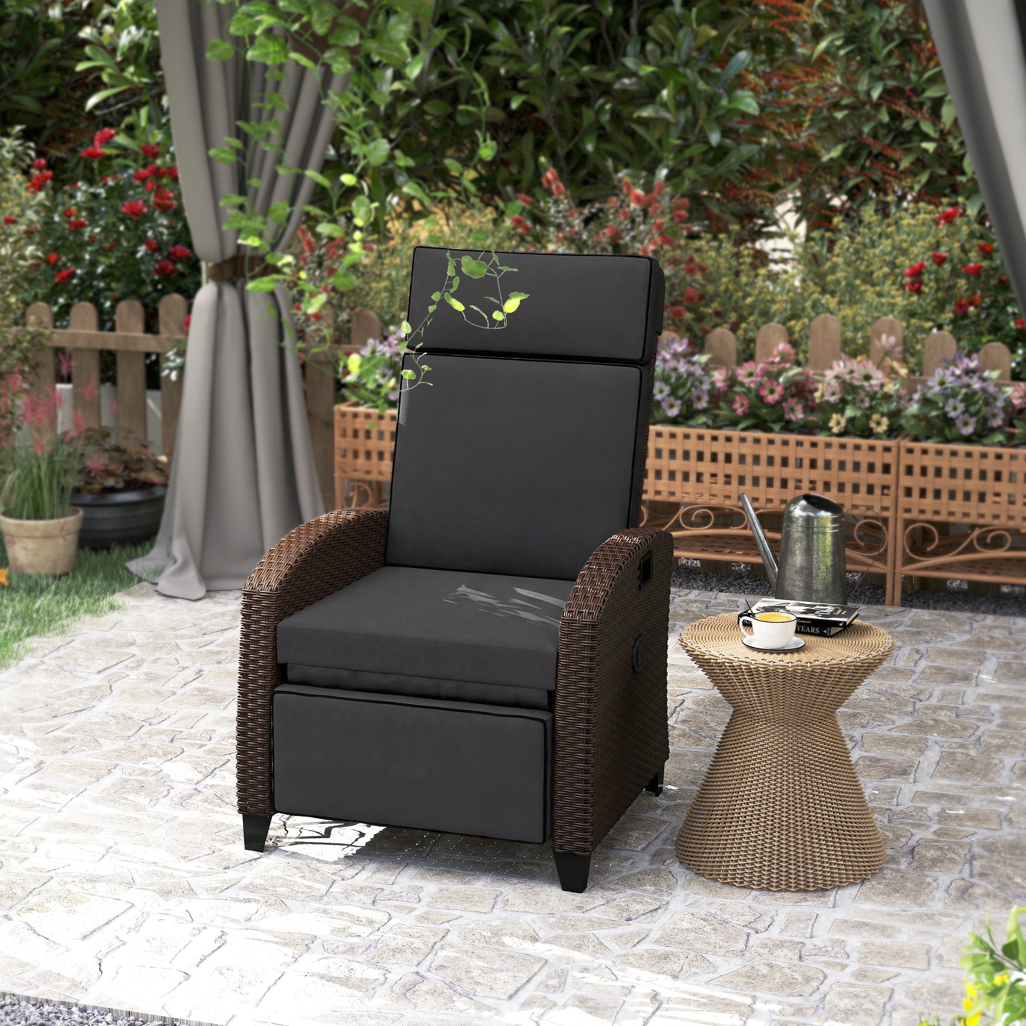 Outdoor PE Wicker Recliner Chair with Side Tray - Black-DECOROLALA